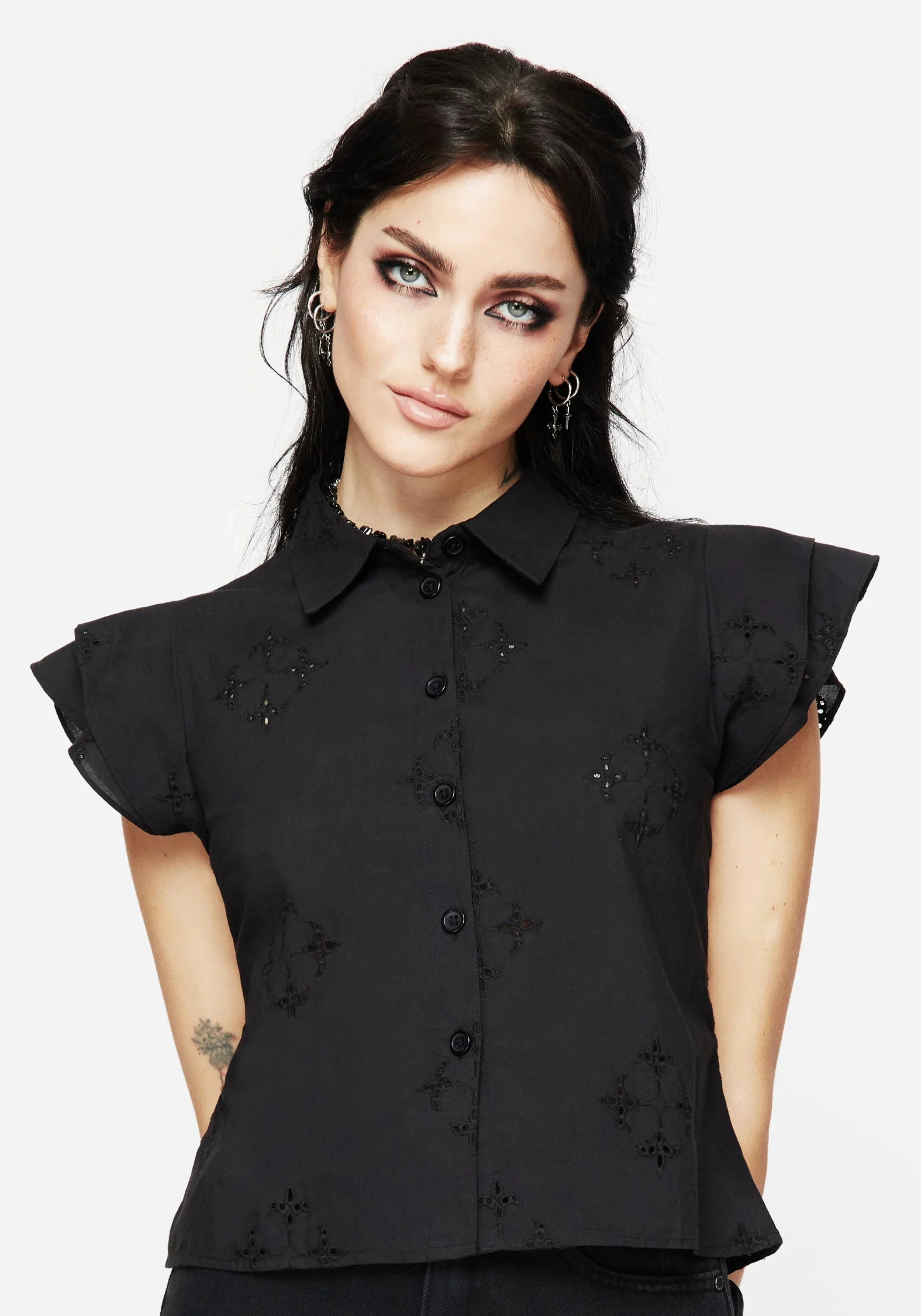 Crux Broderie Cotton Frill Sleeve Button Up Shirt
