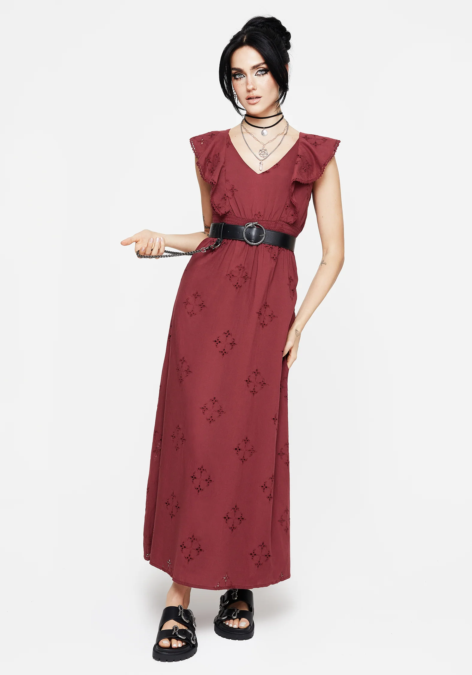 Crux Broderie Cotton V-Neck Frill Maxi Dress - Image 6