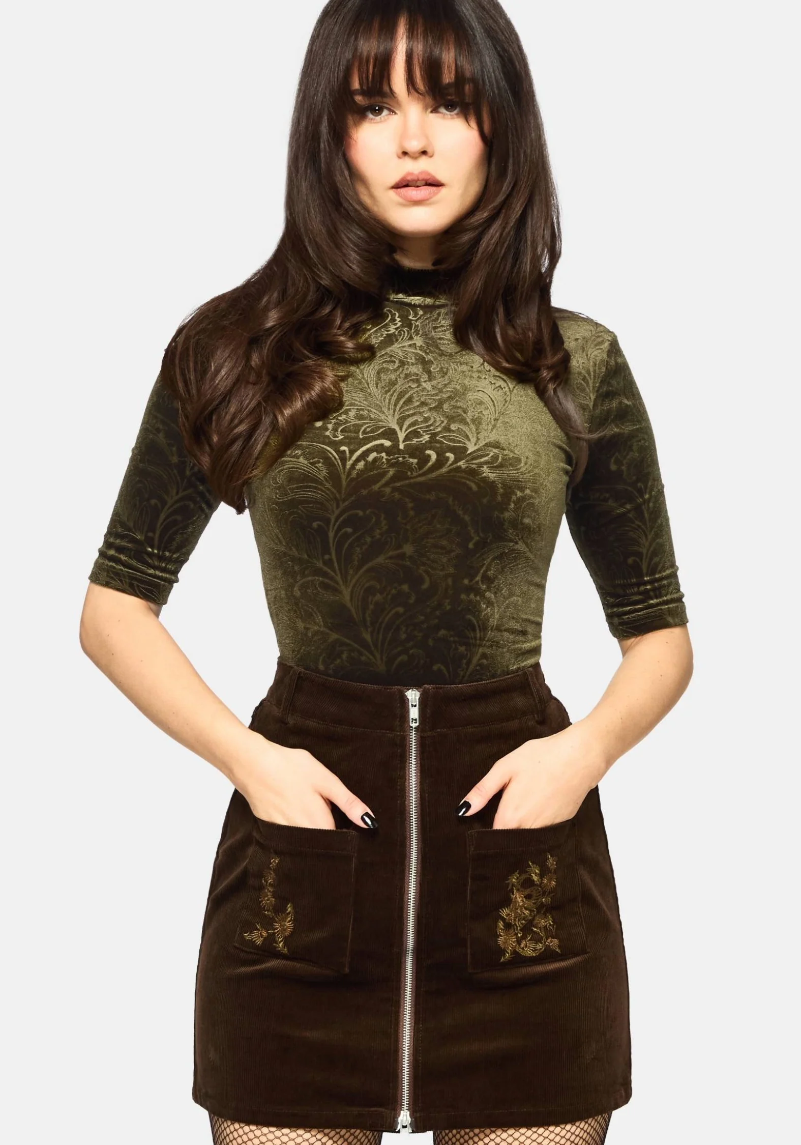 Darkling Cotton Embroidered Pocket Detail Cord Mini Skirt - Image 4