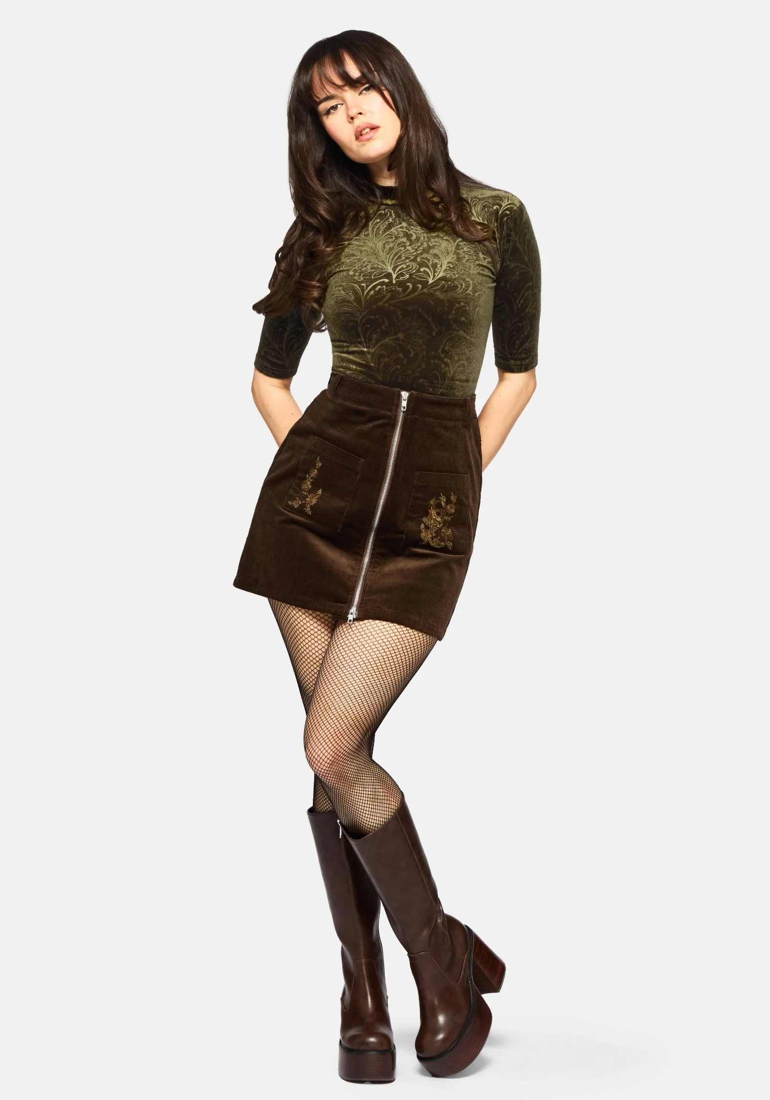 Darkling Cotton Embroidered Pocket Detail Cord Mini Skirt - Image 5