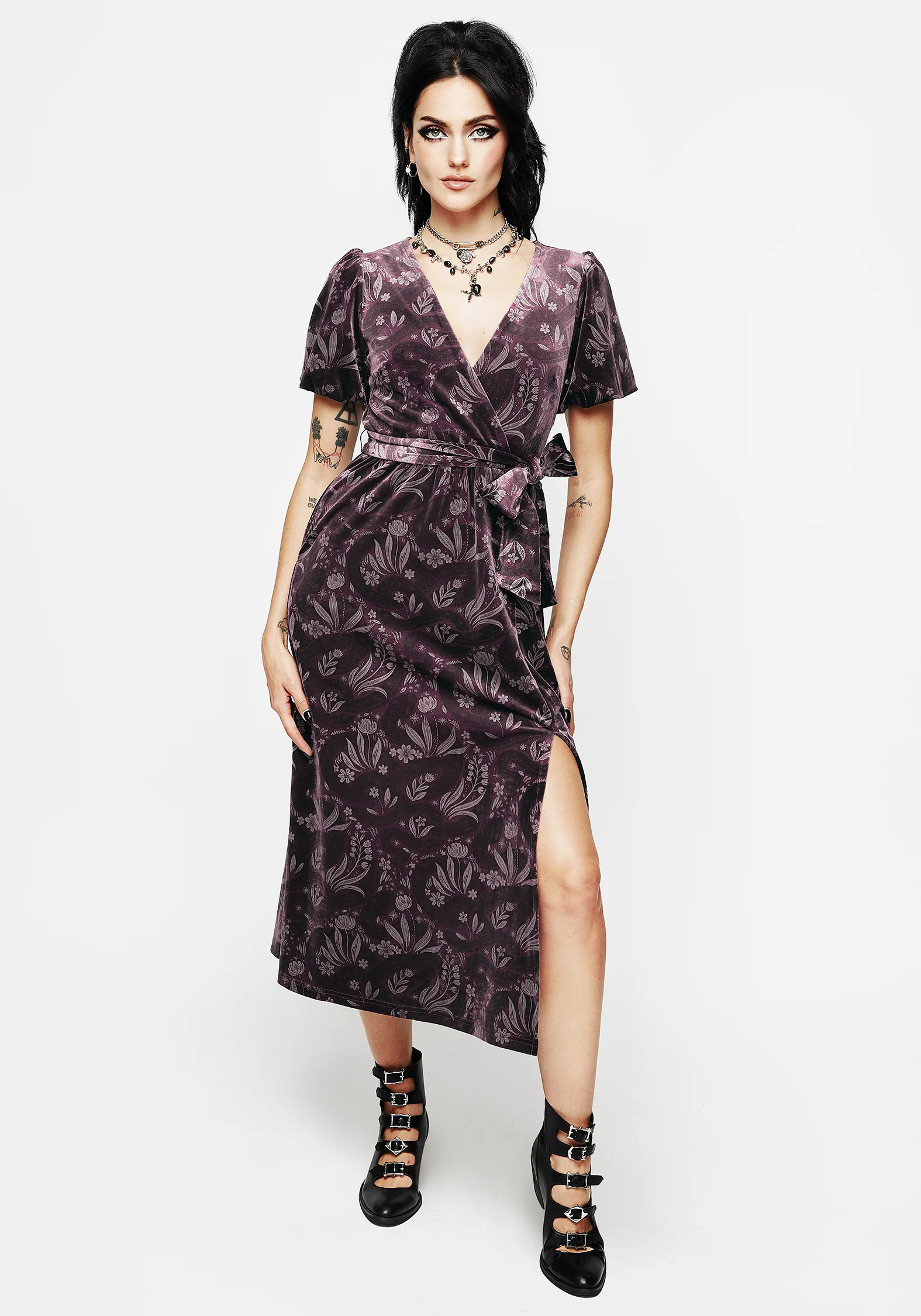 Deception Snake Foil Print Velour Midi Wrap Dress - Image 5