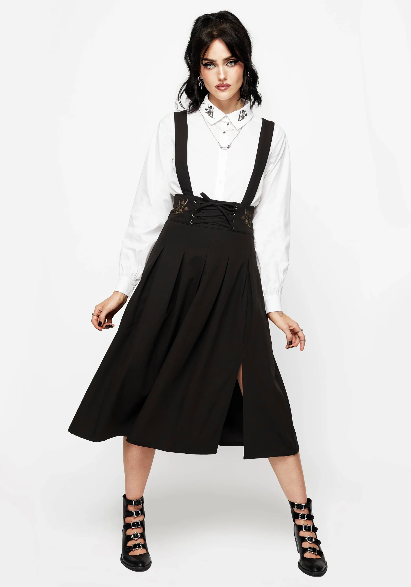 Despair Thistle Embroidered Tailored Pleated Pinafore Midi Skirt - Image 6