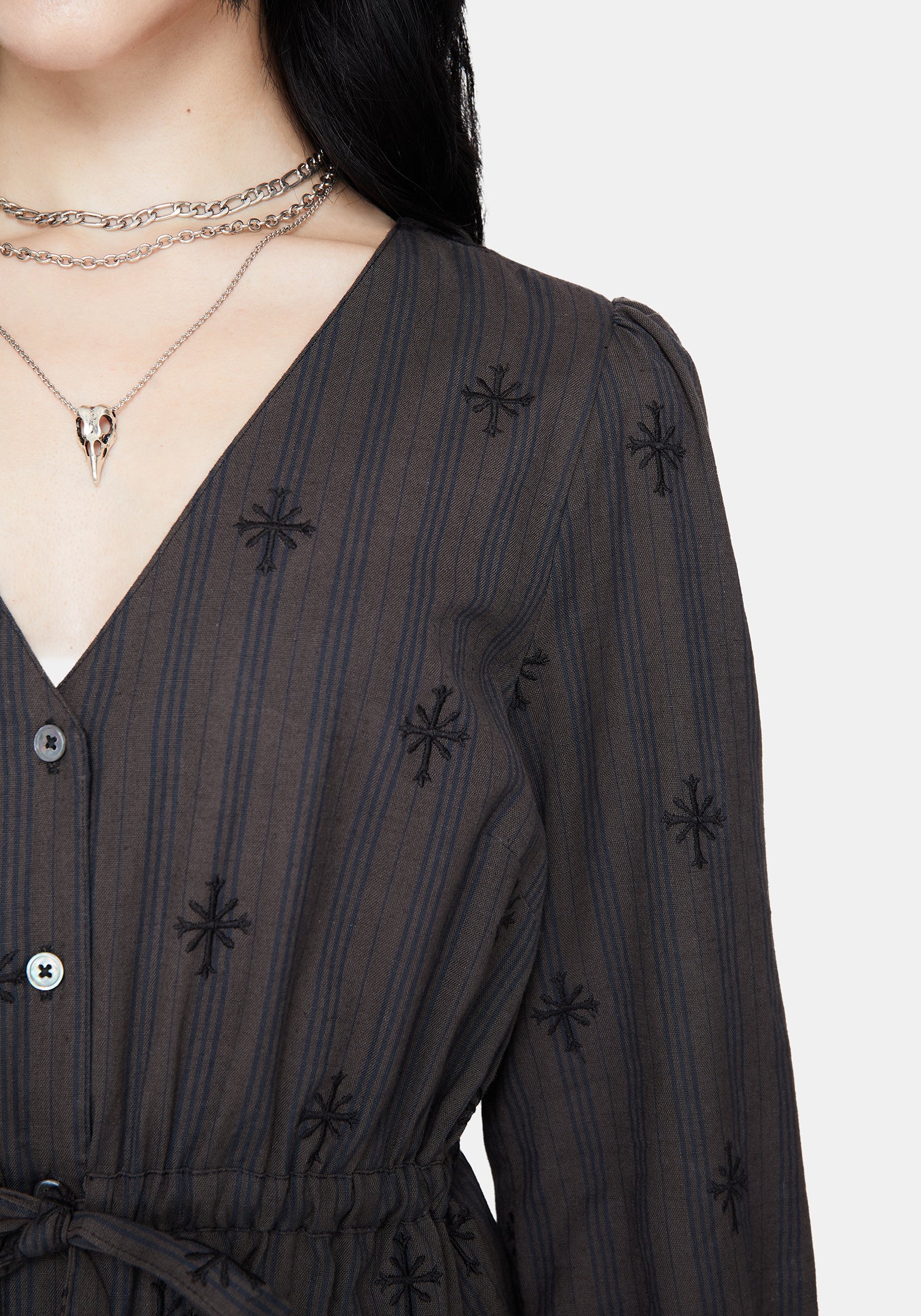Diana Cotton Blend Stripe Cross Embroidered Mini Dress - Image 2