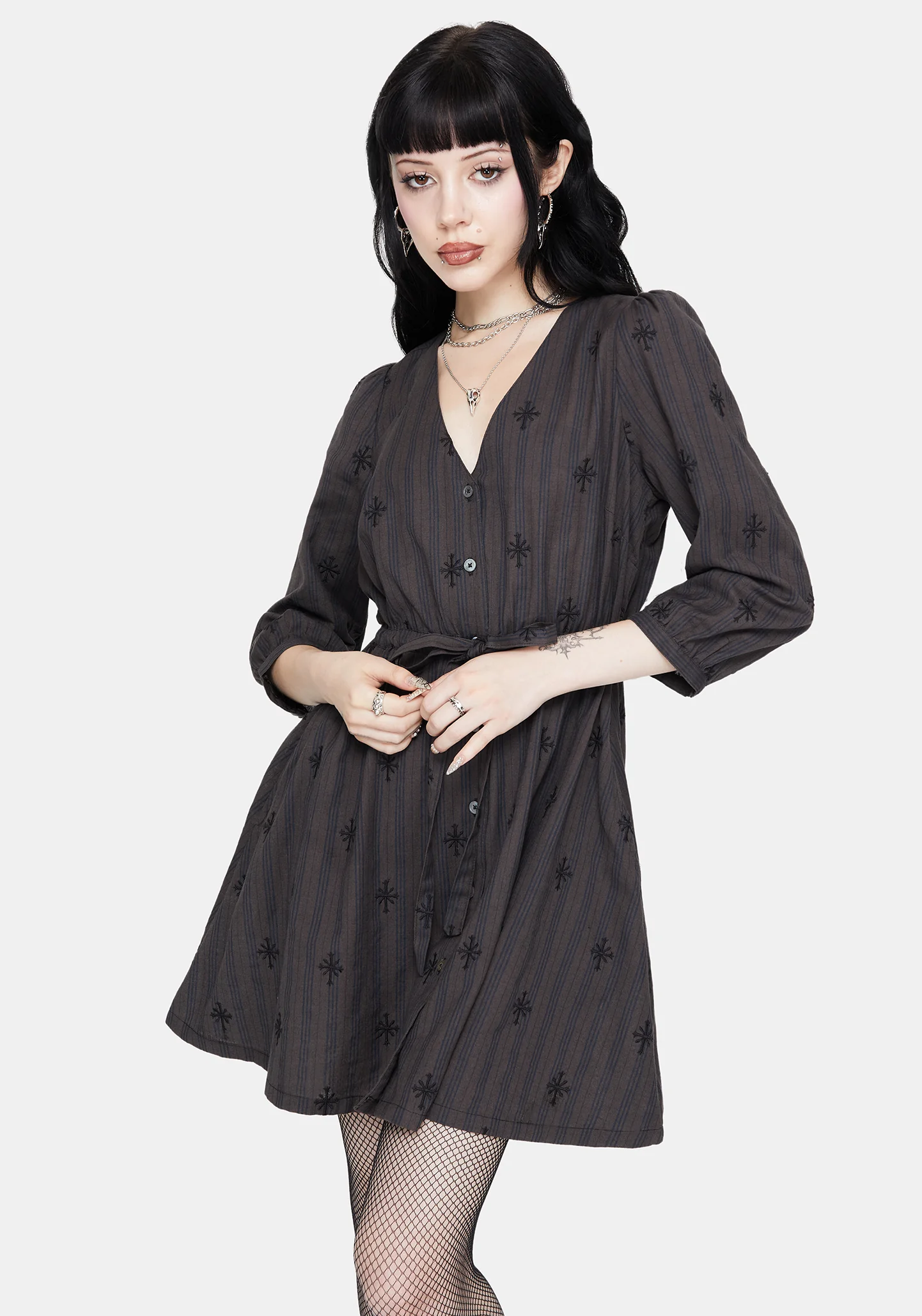 Diana Cotton Blend Stripe Cross Embroidered Mini Dress - Image 4