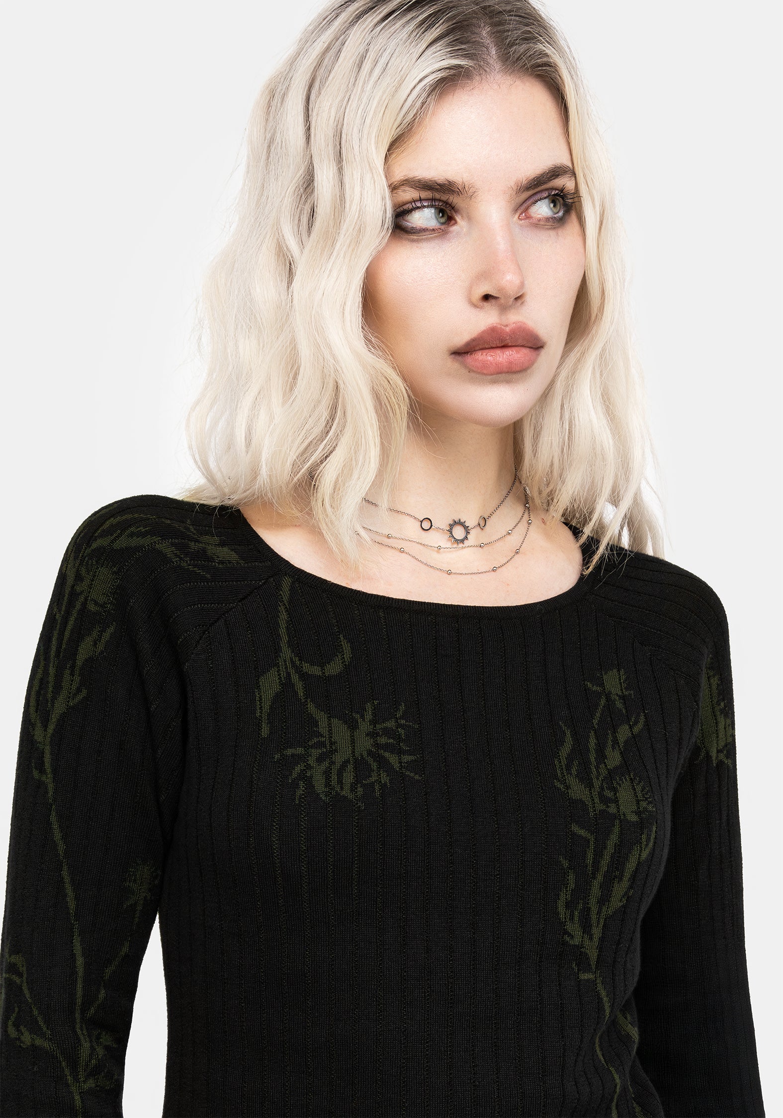 Diastella Floral Jacquard Rib Knit Raglan Sleeve Top - Black - Image 2