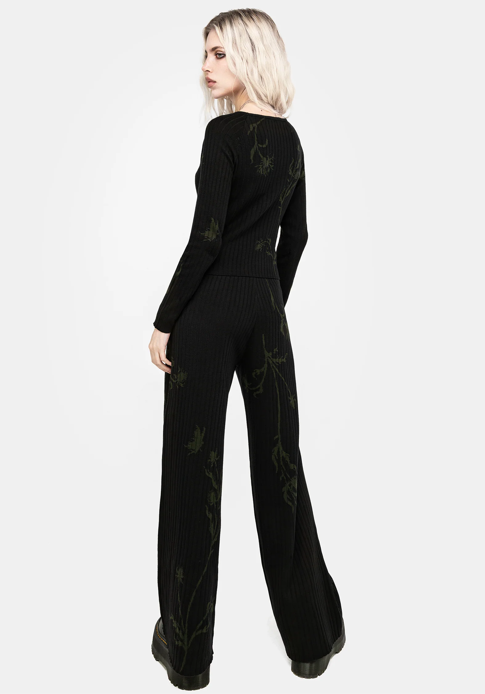 Diastella Floral Jacquard Rib Knit Raglan Sleeve Top - Black - Image 3