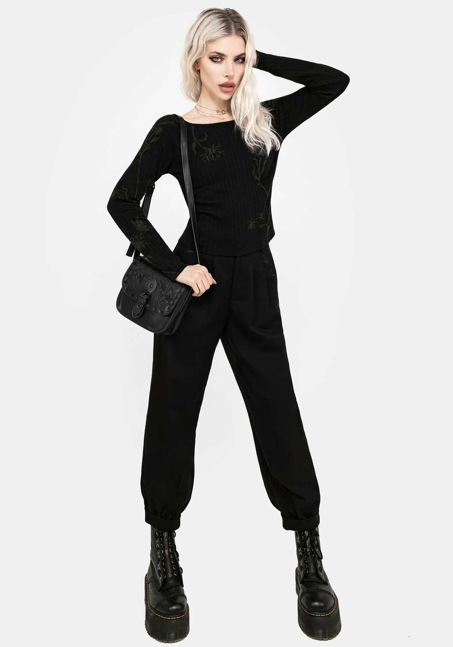 Diastella Floral Jacquard Rib Knit Raglan Sleeve Top - Black - Image 6
