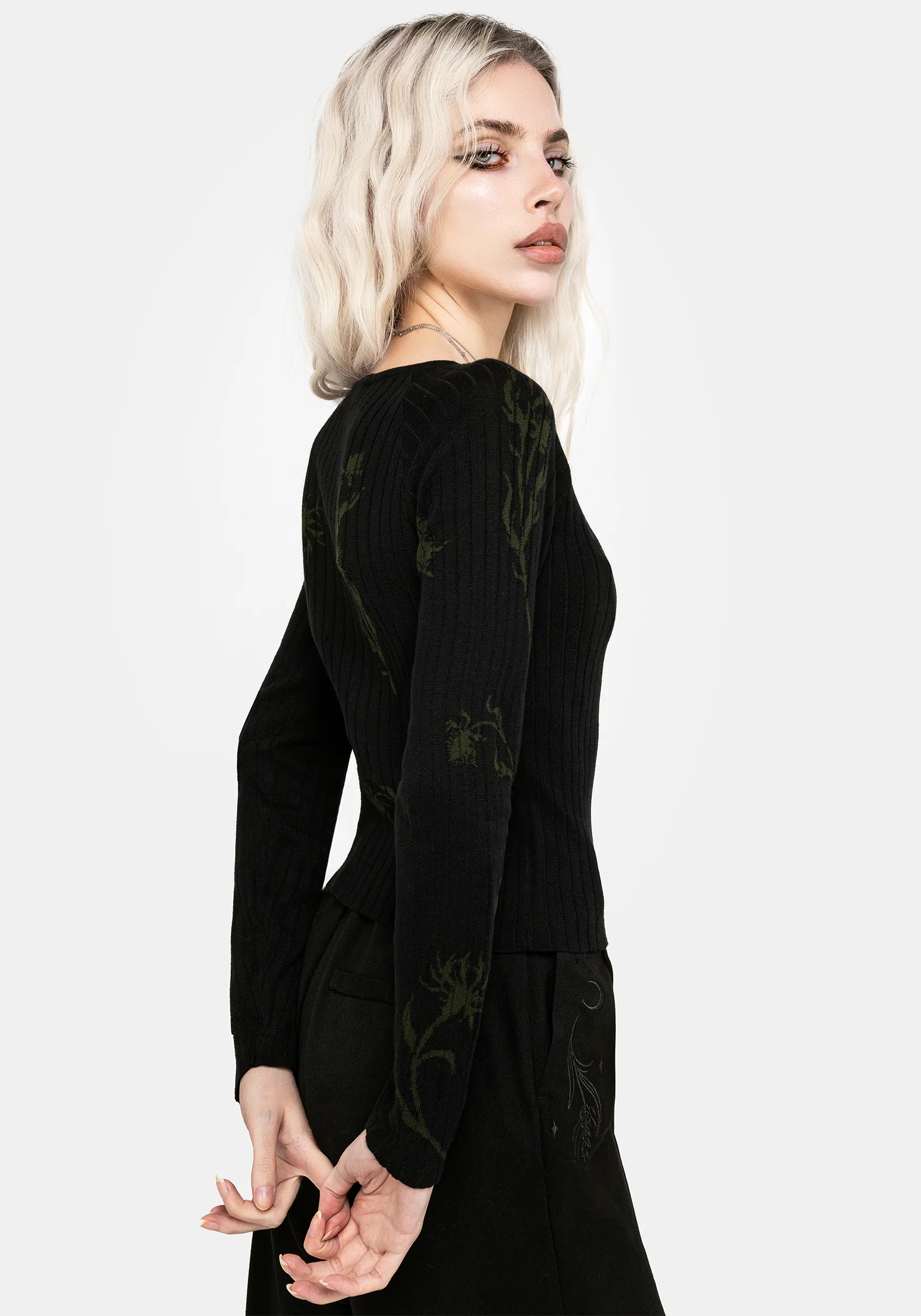 Diastella Floral Jacquard Rib Knit Raglan Sleeve Top - Black - Image 7
