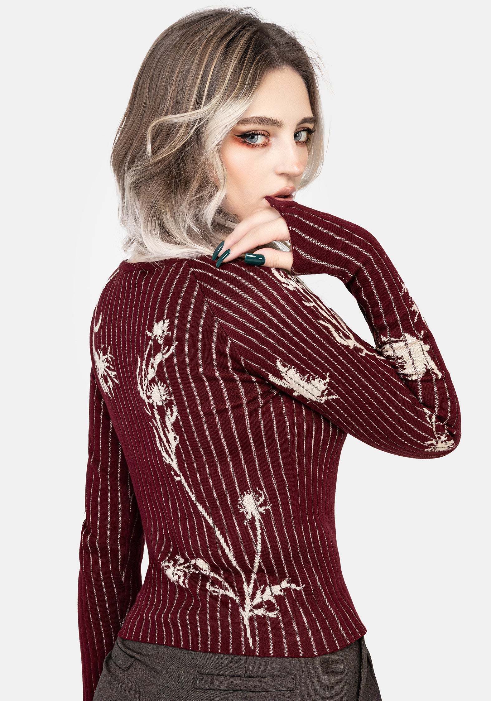 Diastella Floral Jacquard Rib Knit Raglan Sleeve Top - Red - Image 3