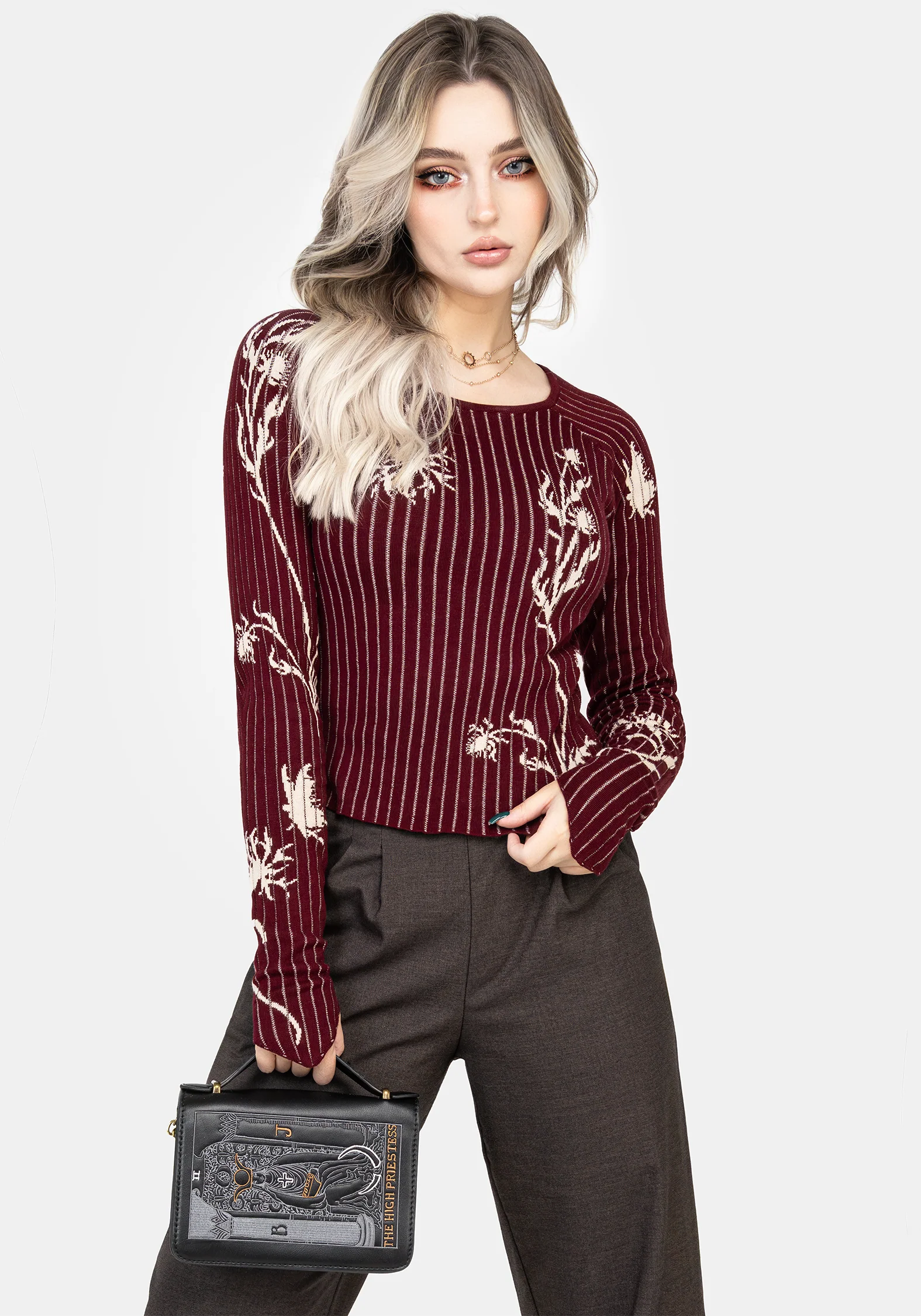 Diastella Floral Jacquard Rib Knit Raglan Sleeve Top - Red - Image 4