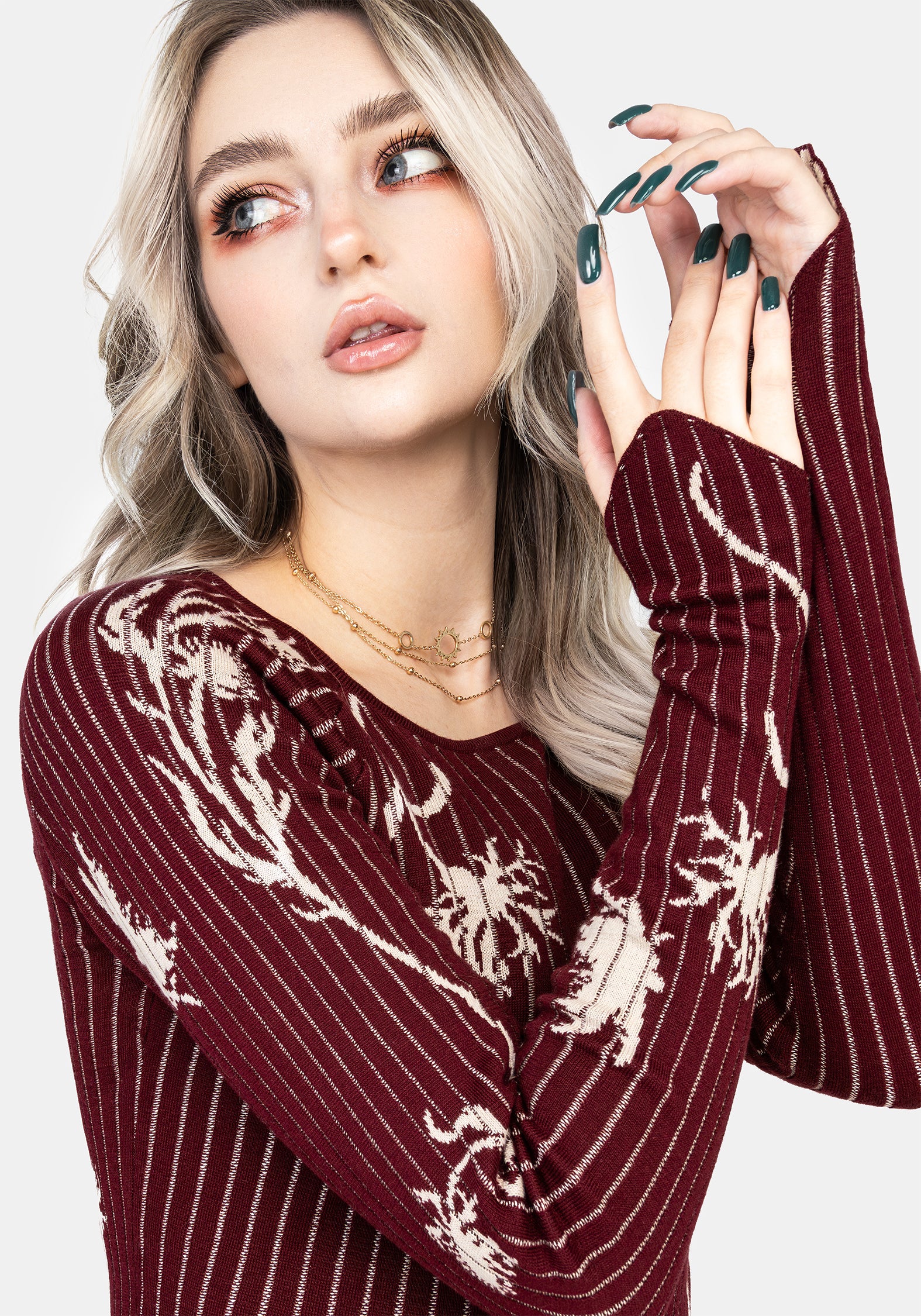 Diastella Floral Jacquard Rib Knit Raglan Sleeve Top - Red - Image 5