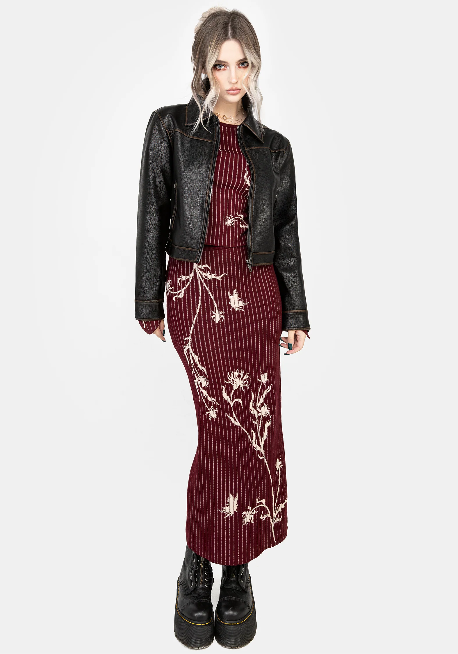 Diastella Floral Jacquard Rib Knit Raglan Sleeve Top - Red - Image 8