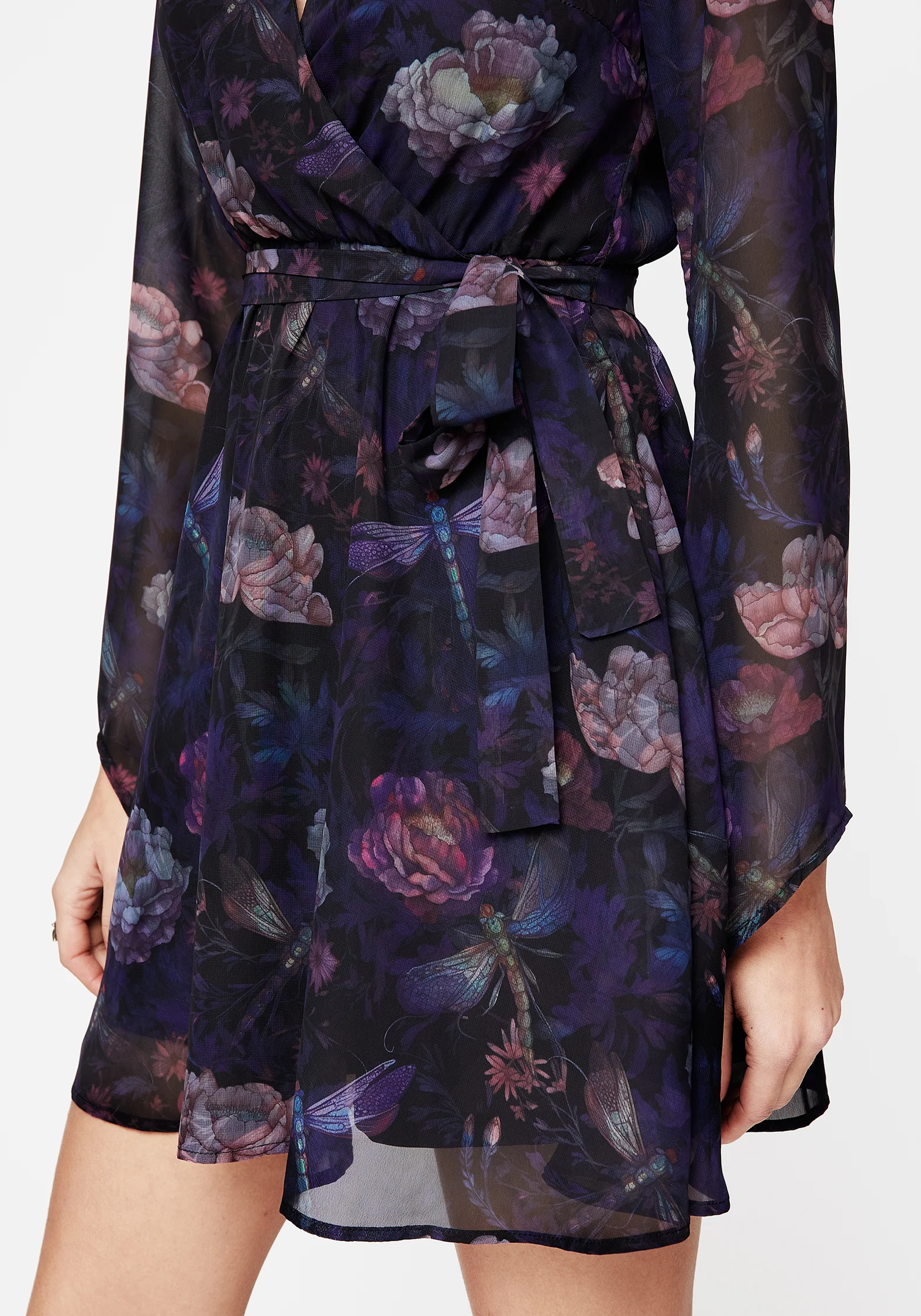 Dragonfly Floral Print Flute Sleeve Chiffon Mini Dress - Image 2