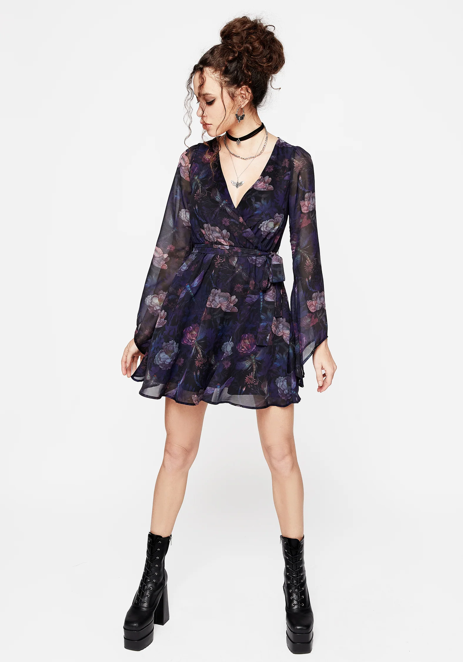 Dragonfly Floral Print Flute Sleeve Chiffon Mini Dress - Image 4
