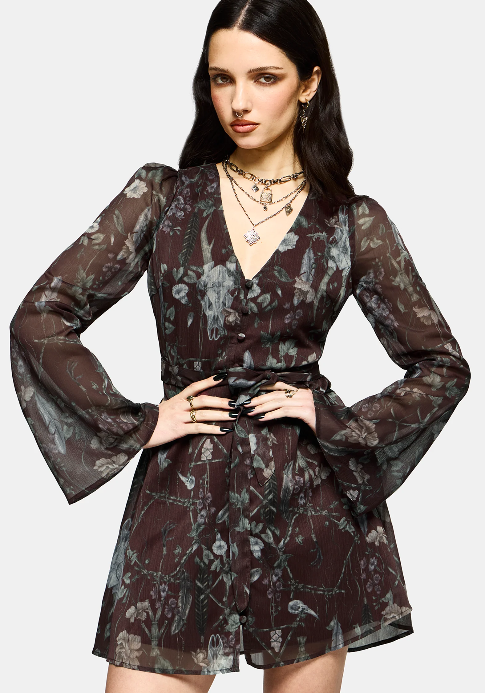 Dusha Garden Print Button Up Chiffon Mini Dress - Image 5