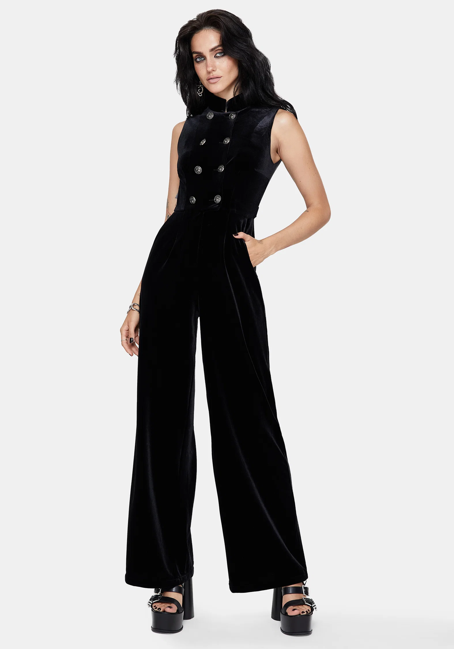 Dusken Velour Button Up High Neck Jumpsuit - Image 5
