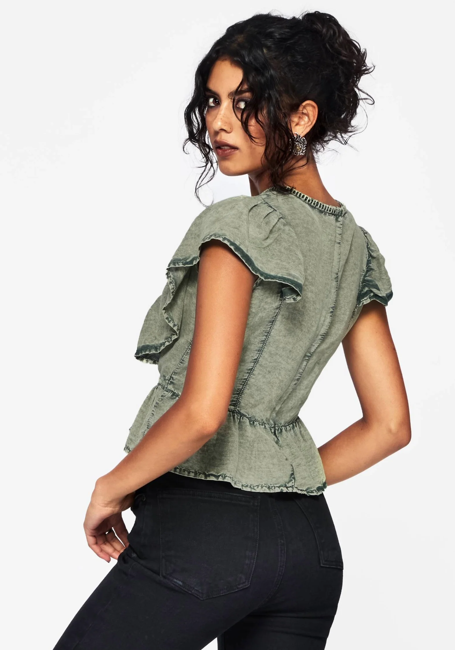Eartha Embroidered Cotton Frill Detail Peplum Top - Image 3