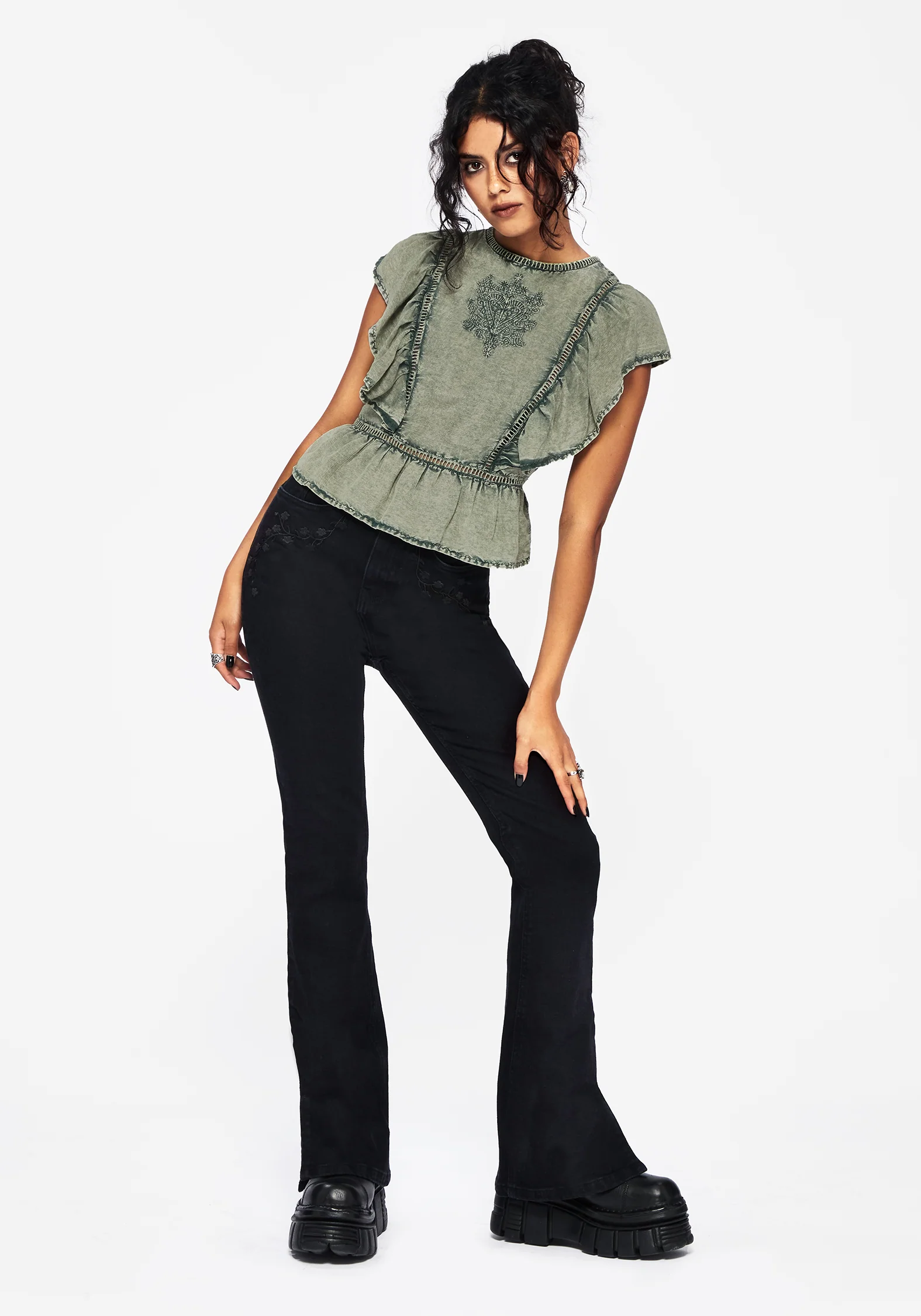 Eartha Embroidered Cotton Frill Detail Peplum Top - Image 4