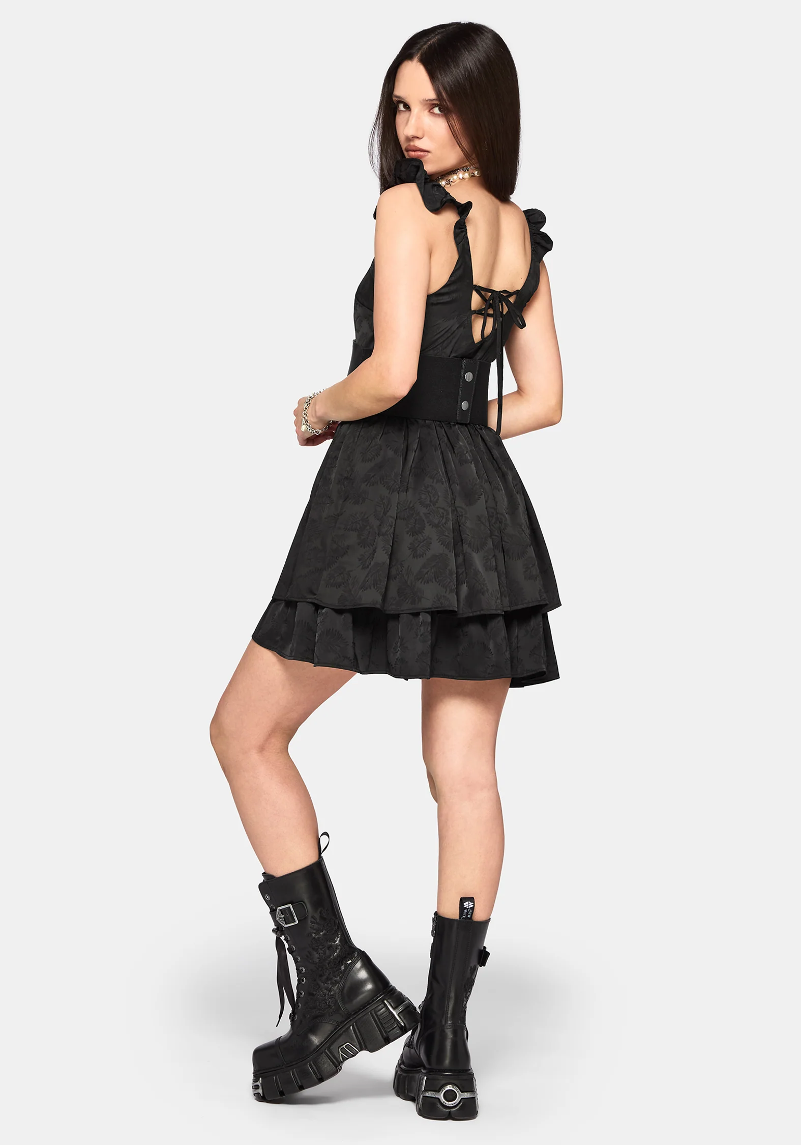 Elaria Jacquard Tie Back Tiered Babydoll Mini Dress - Image 2