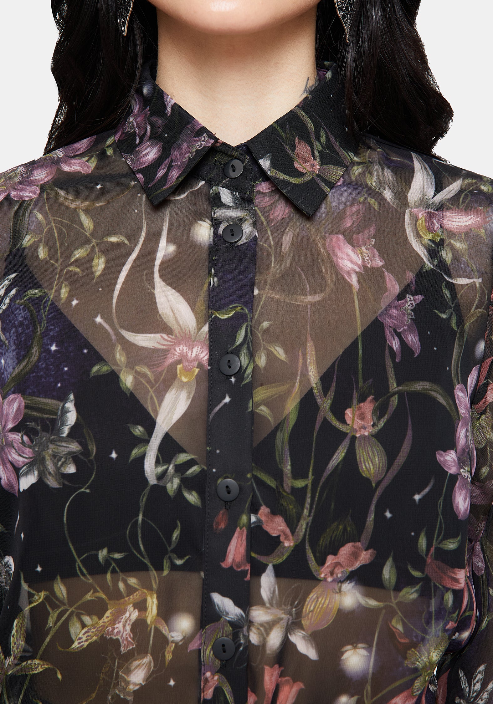 Elide Black Orchid Print Chiffon Blouse - Image 2