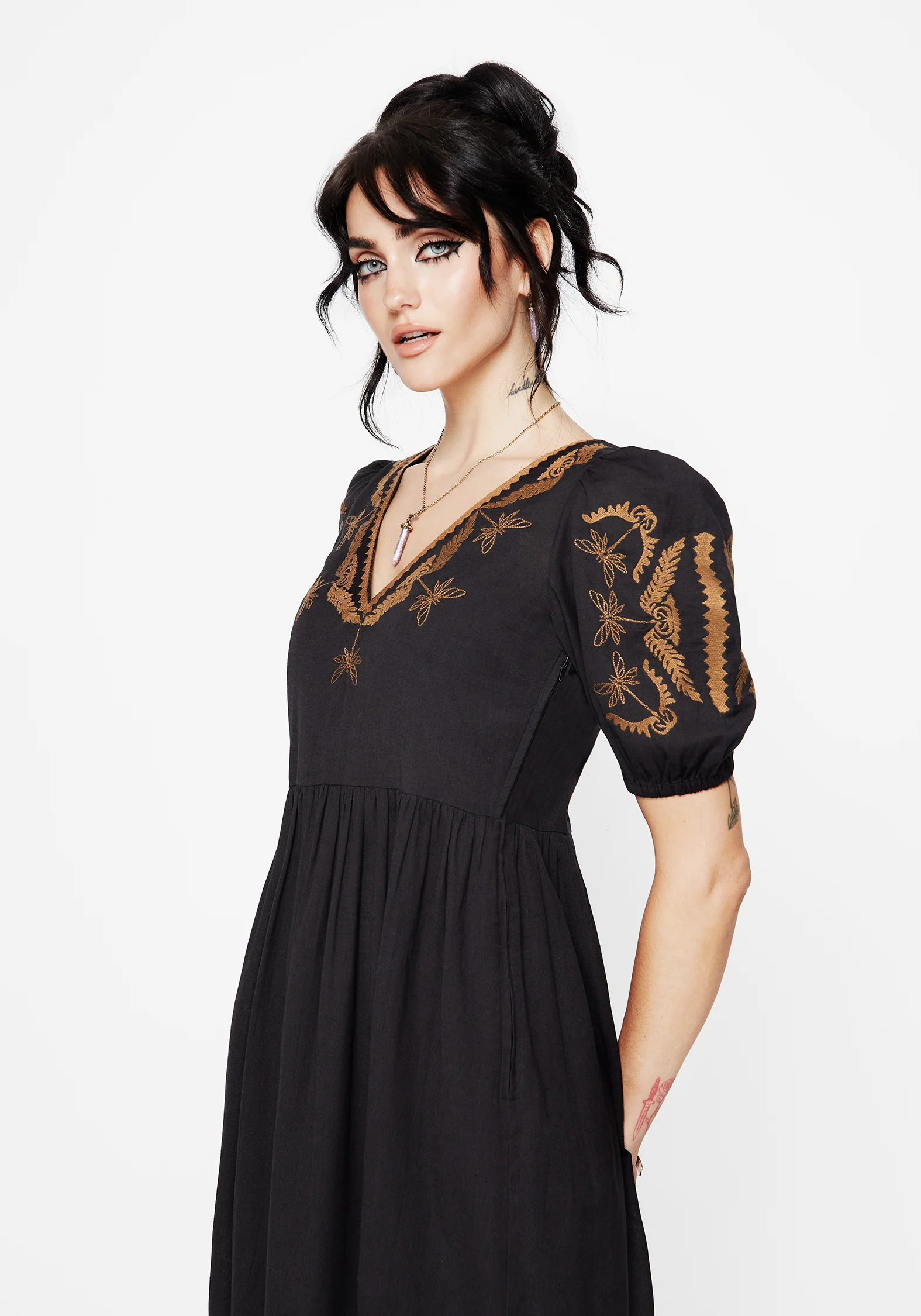 Emberflit Cotton Blend Moth Embroidered Smock Maxi Dress - Image 4