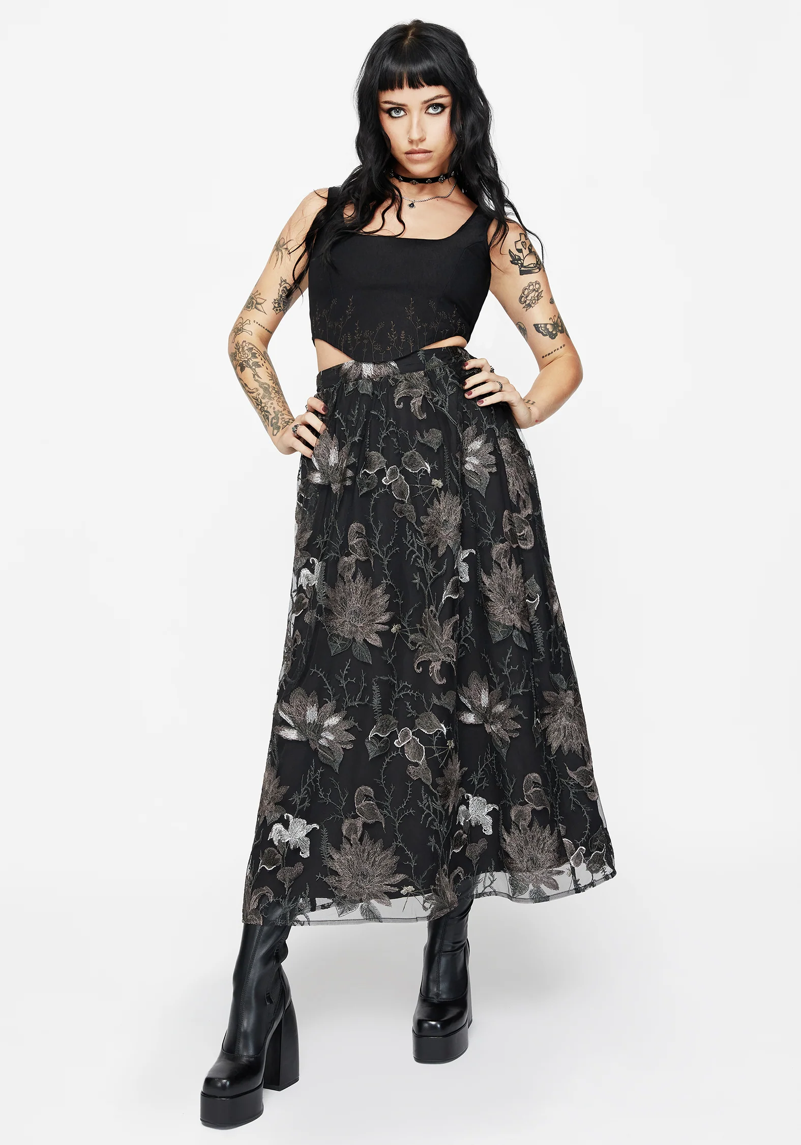 Estrid Embroidered Mesh Midaxi Skirt - Silver - Image 5