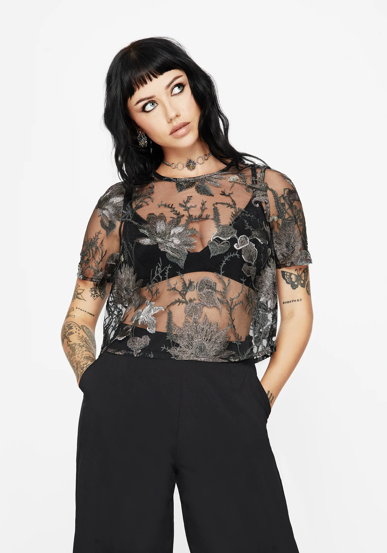 Estrid Embroidered Mesh Tie Back Blouse Top - Silver - Image 4