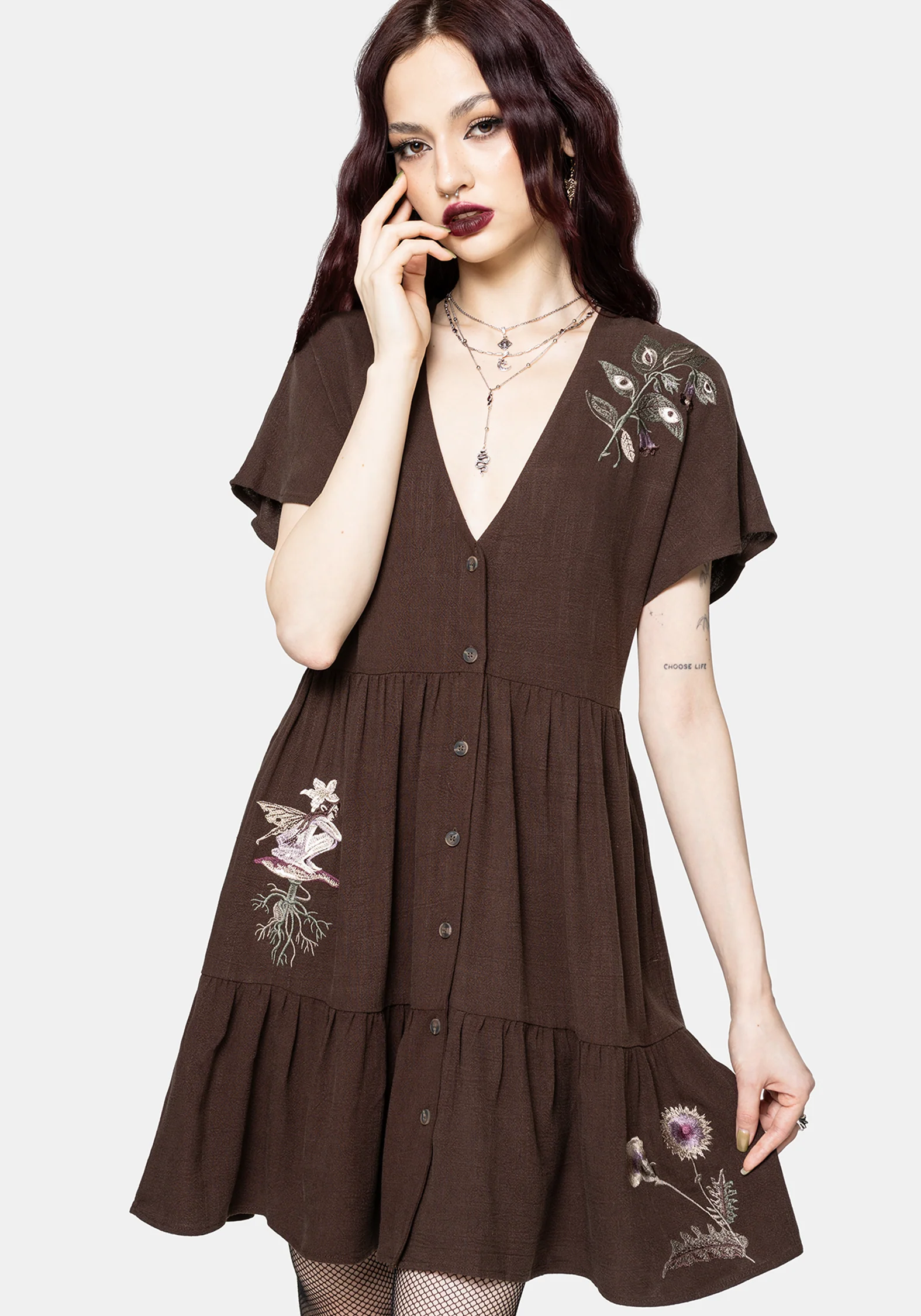 Faela Fairy Embroidered Button Up V-Neck Peplum Mini Dress