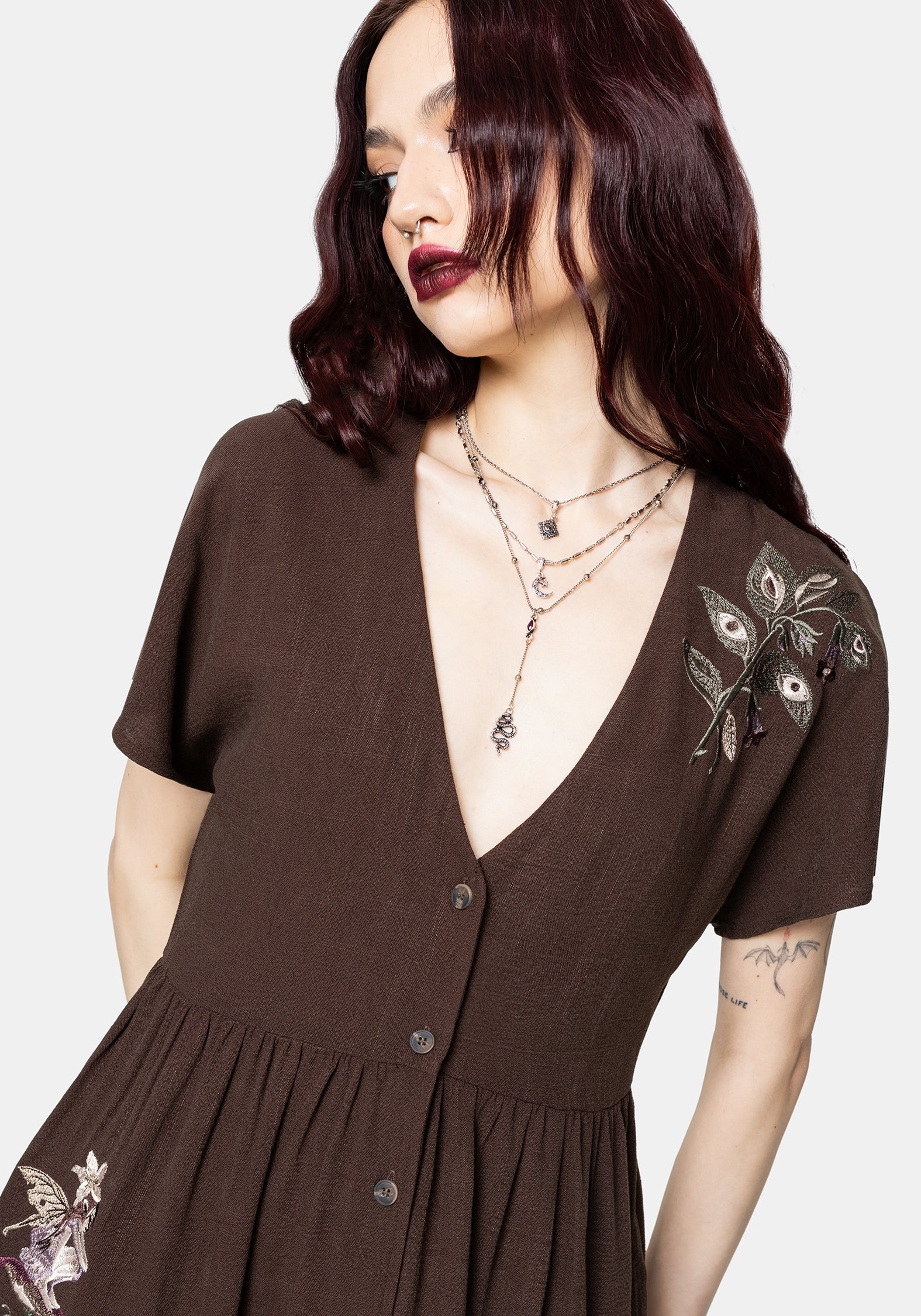 Faela Fairy Embroidered Button Up V-Neck Peplum Mini Dress - Image 2