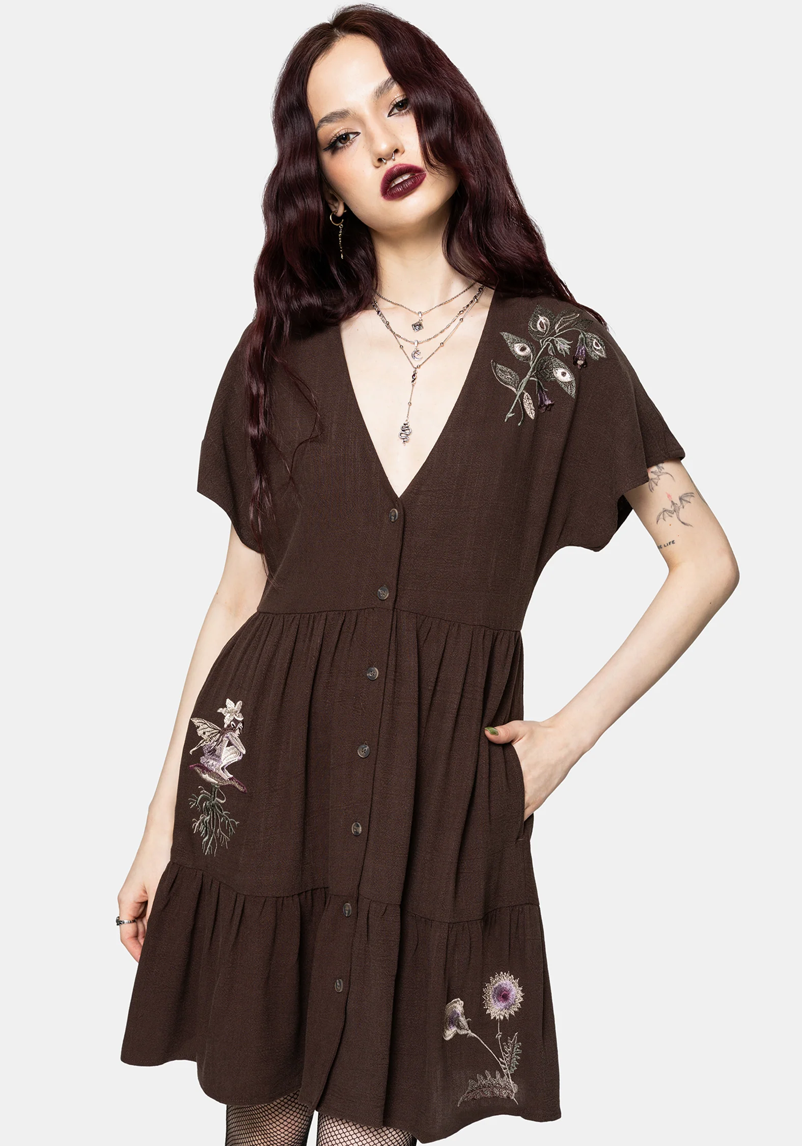 Faela Fairy Embroidered Button Up V-Neck Peplum Mini Dress - Image 4