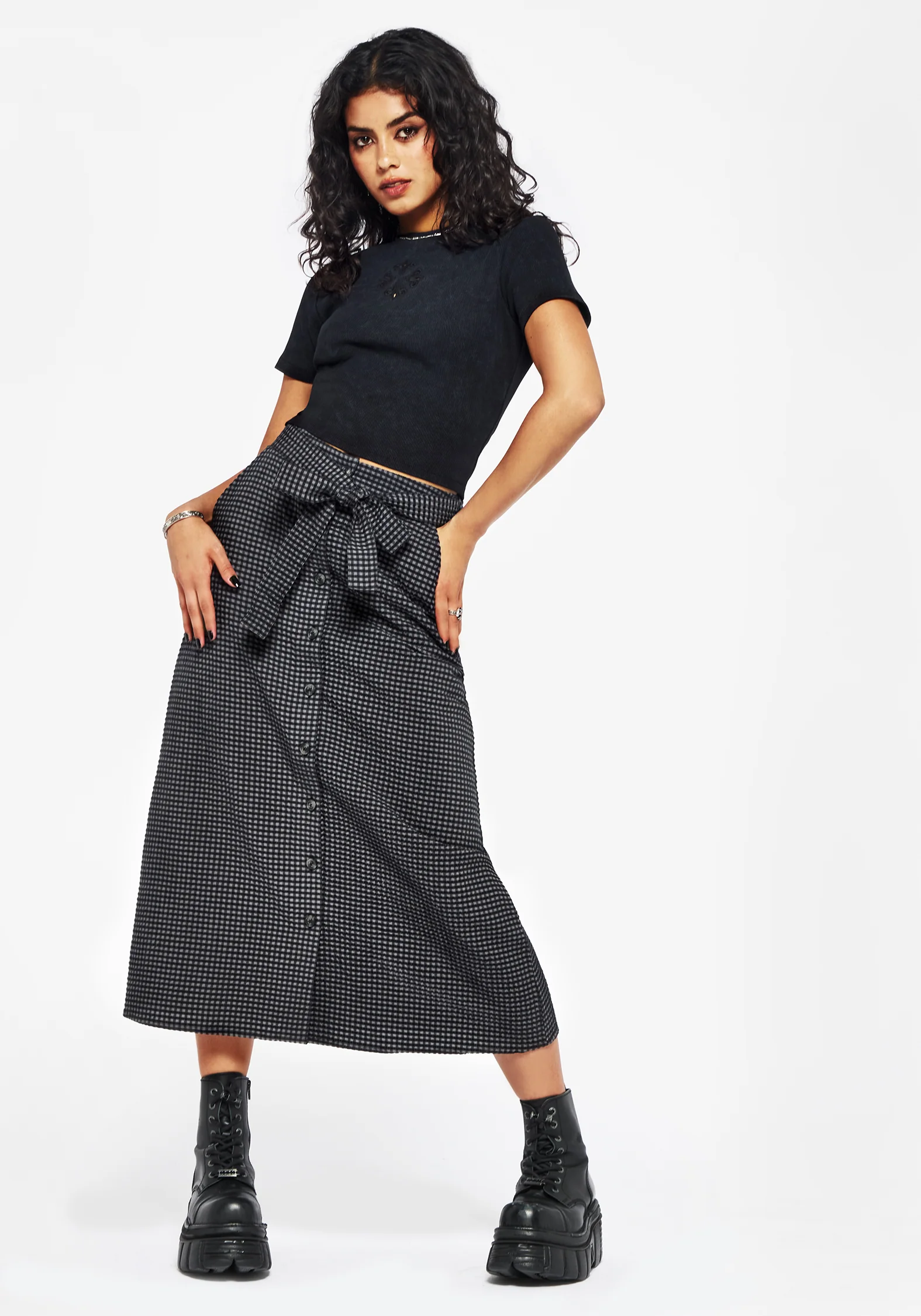 Faythe Cotton Check Button Up Midi Skirt