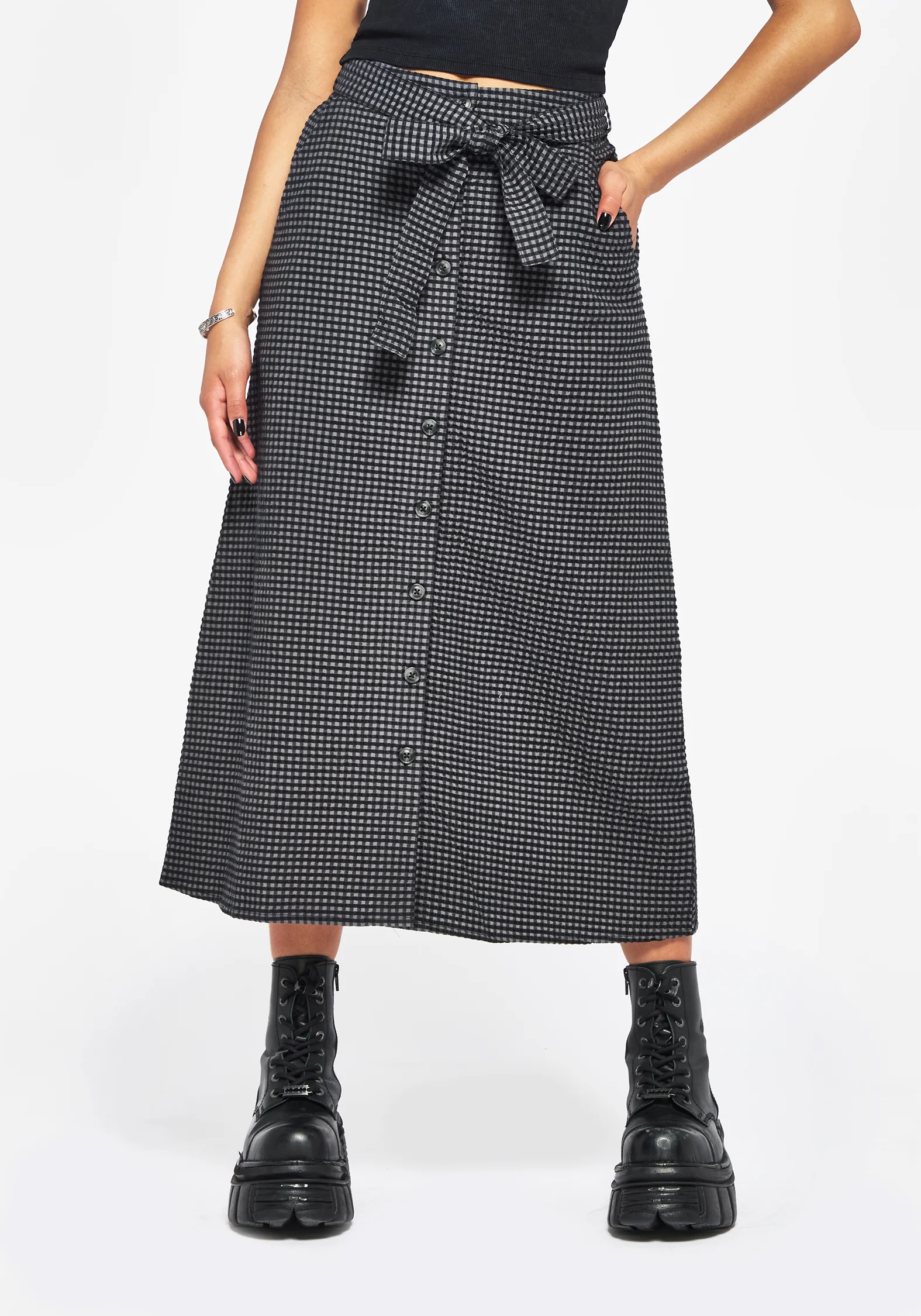 Faythe Cotton Check Button Up Midi Skirt - Image 4