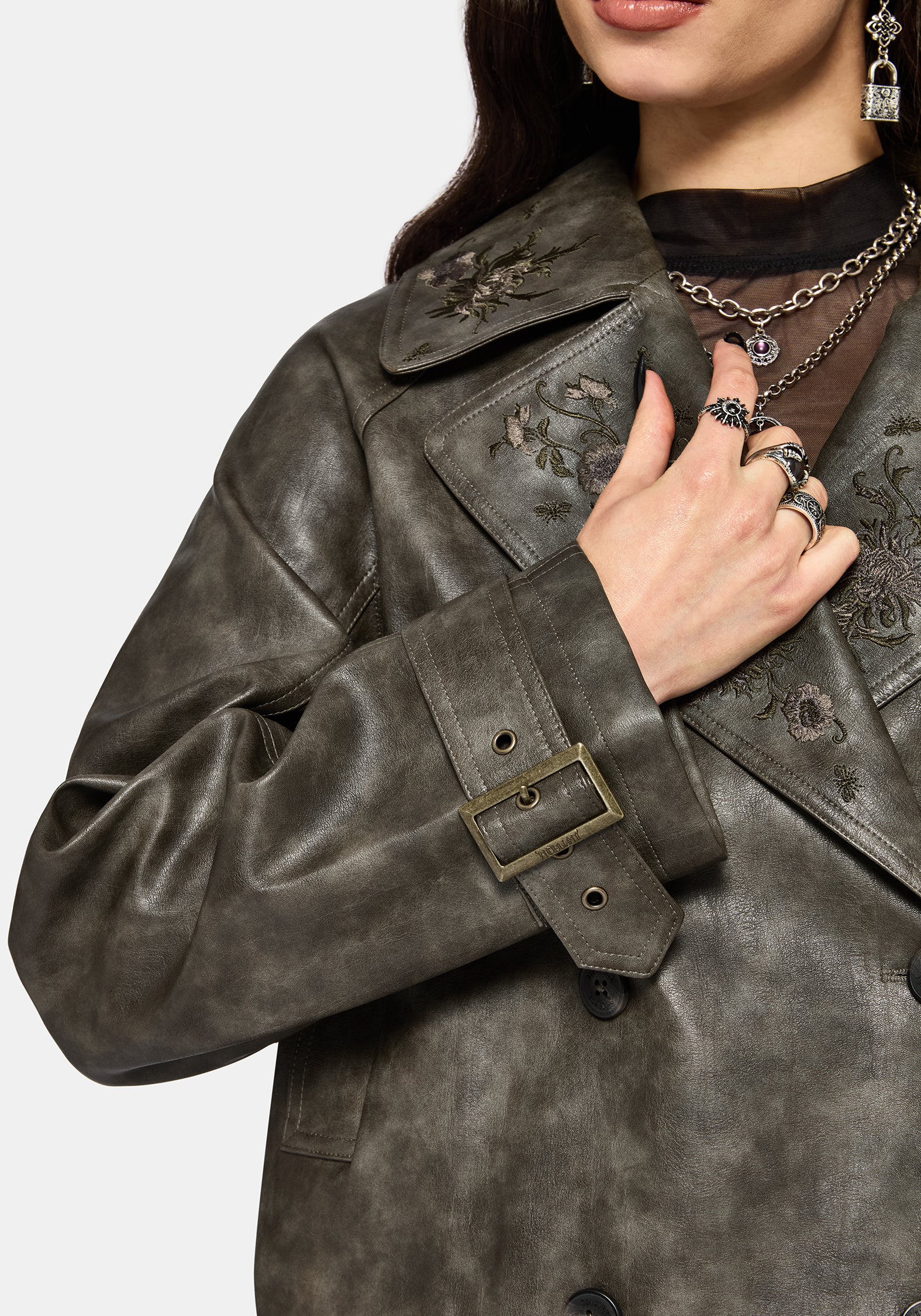 Fleux Embroidered Cropped Faux Leather Trench Jacket - Image 6
