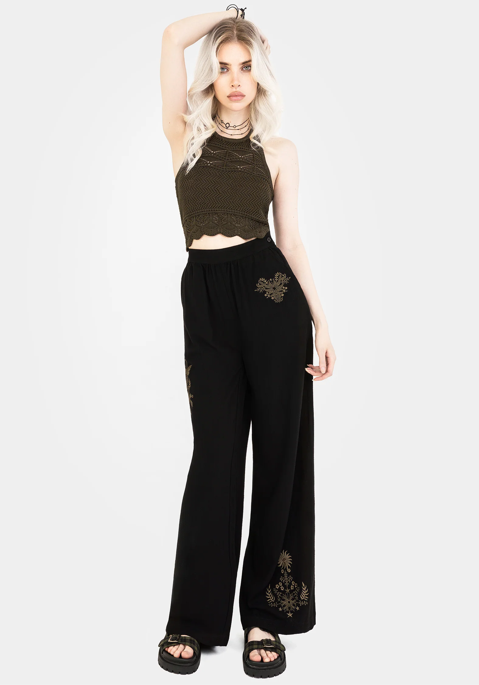Foliate Linen-Blend Embroidered Wide Leg Trousers - Black - Image 8