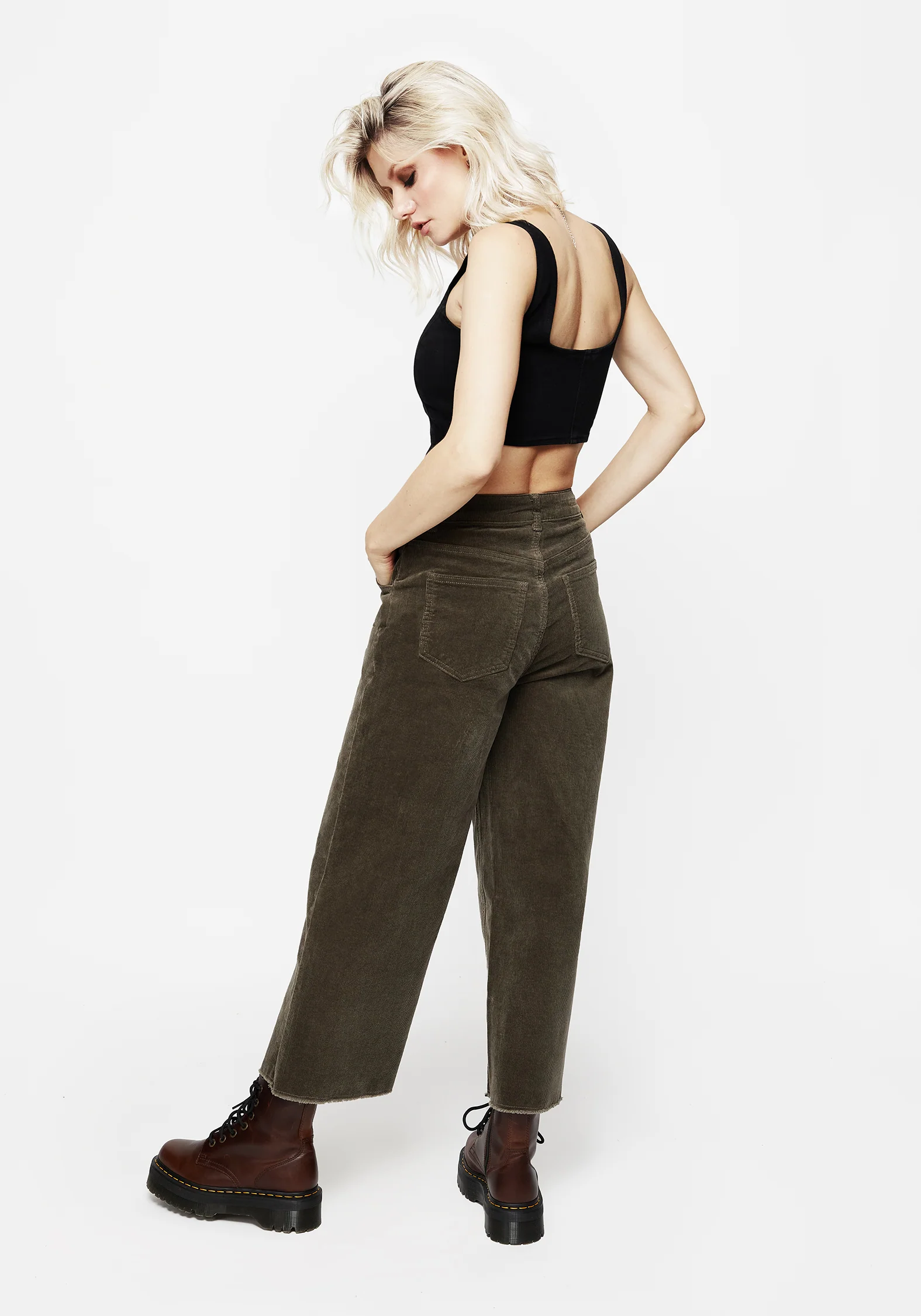 Foster Wide Leg Cord Crop Jeans - Green - Image 3