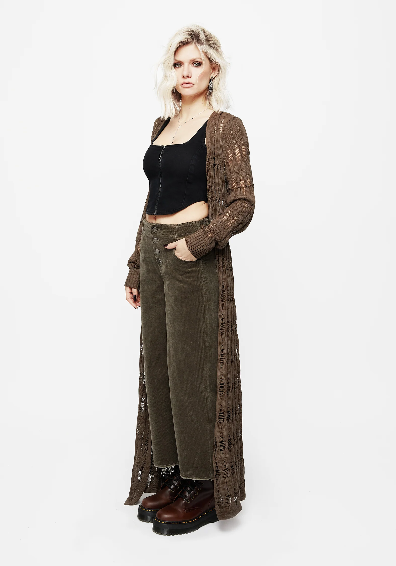 Foster Wide Leg Cord Crop Jeans - Green - Image 6