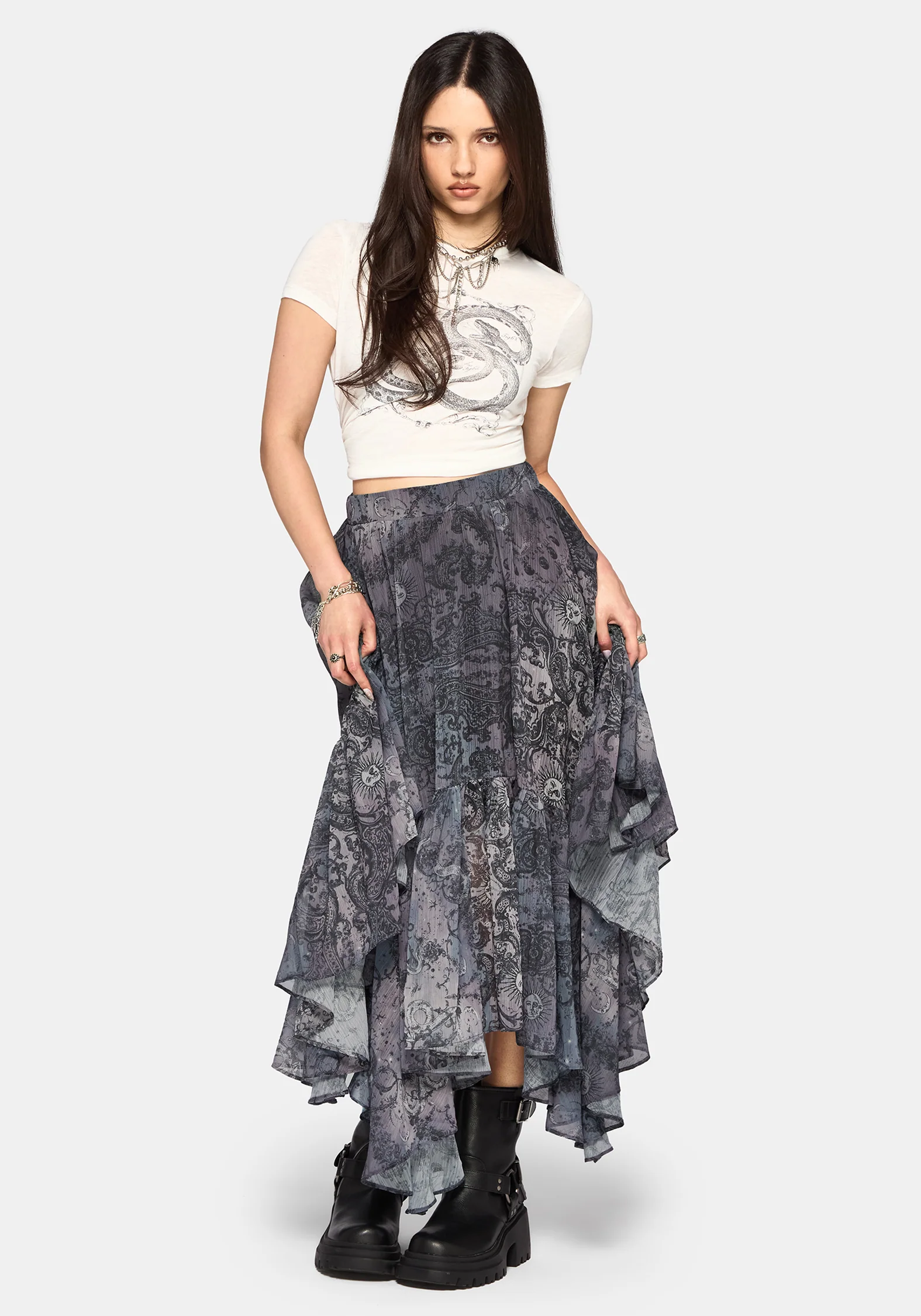 Gaia Celestial Print Chiffon Hanky Hem Skirt - Image 2