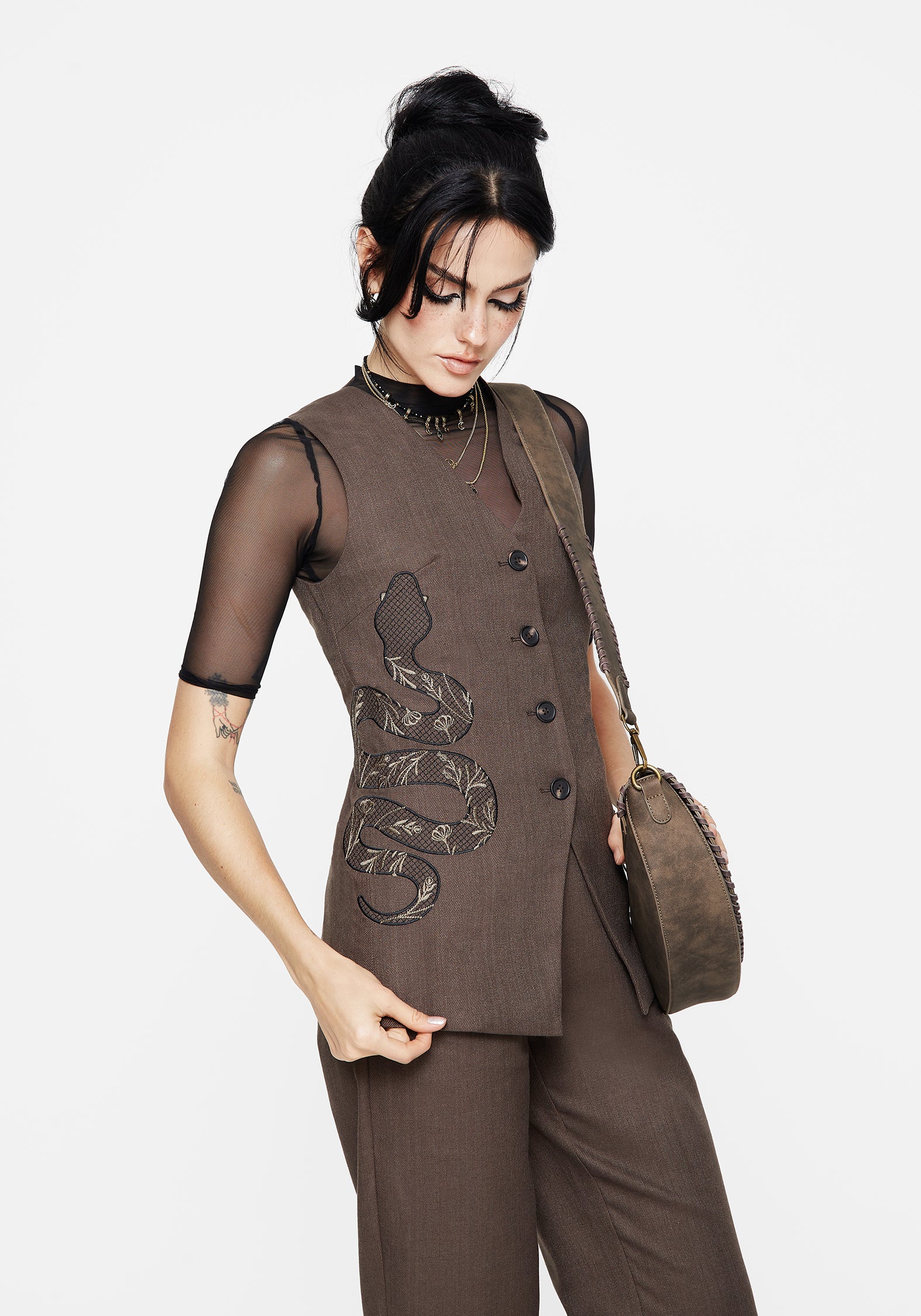 Gaia Linen Blend Snake Embroidered Longline Waistcoat - Image 6