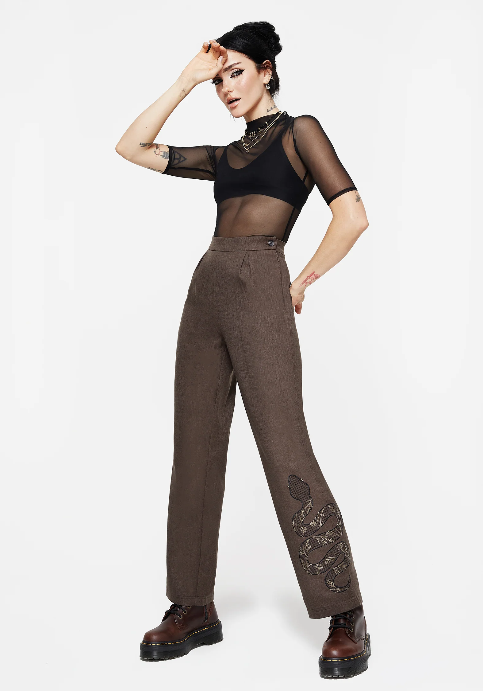 Gaia Linen Blend Snake Embroidered Wide Leg Trouser - Image 4