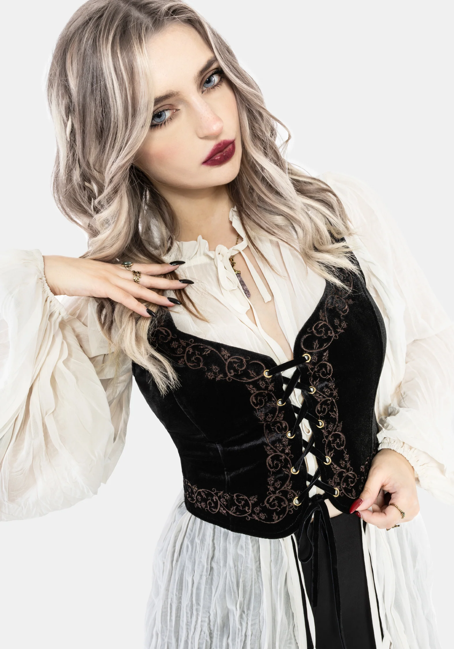 Gildra Tie Front Velour Waistcoat Corset - Image 4