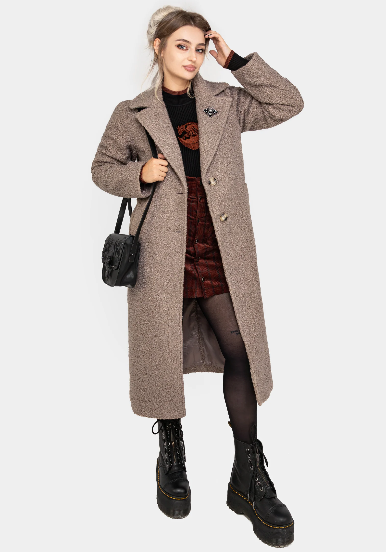 Gorgon Bouclé Longline Oversized Coat with Bee Brooch - Taupe - Image 5