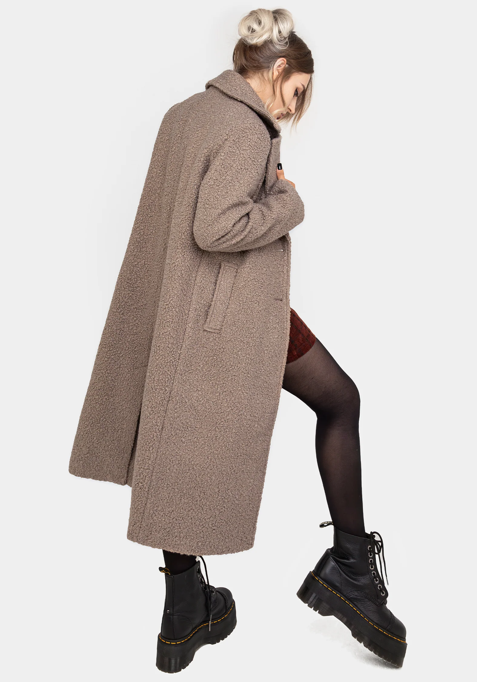 Gorgon Bouclé Longline Oversized Coat with Bee Brooch - Taupe - Image 8