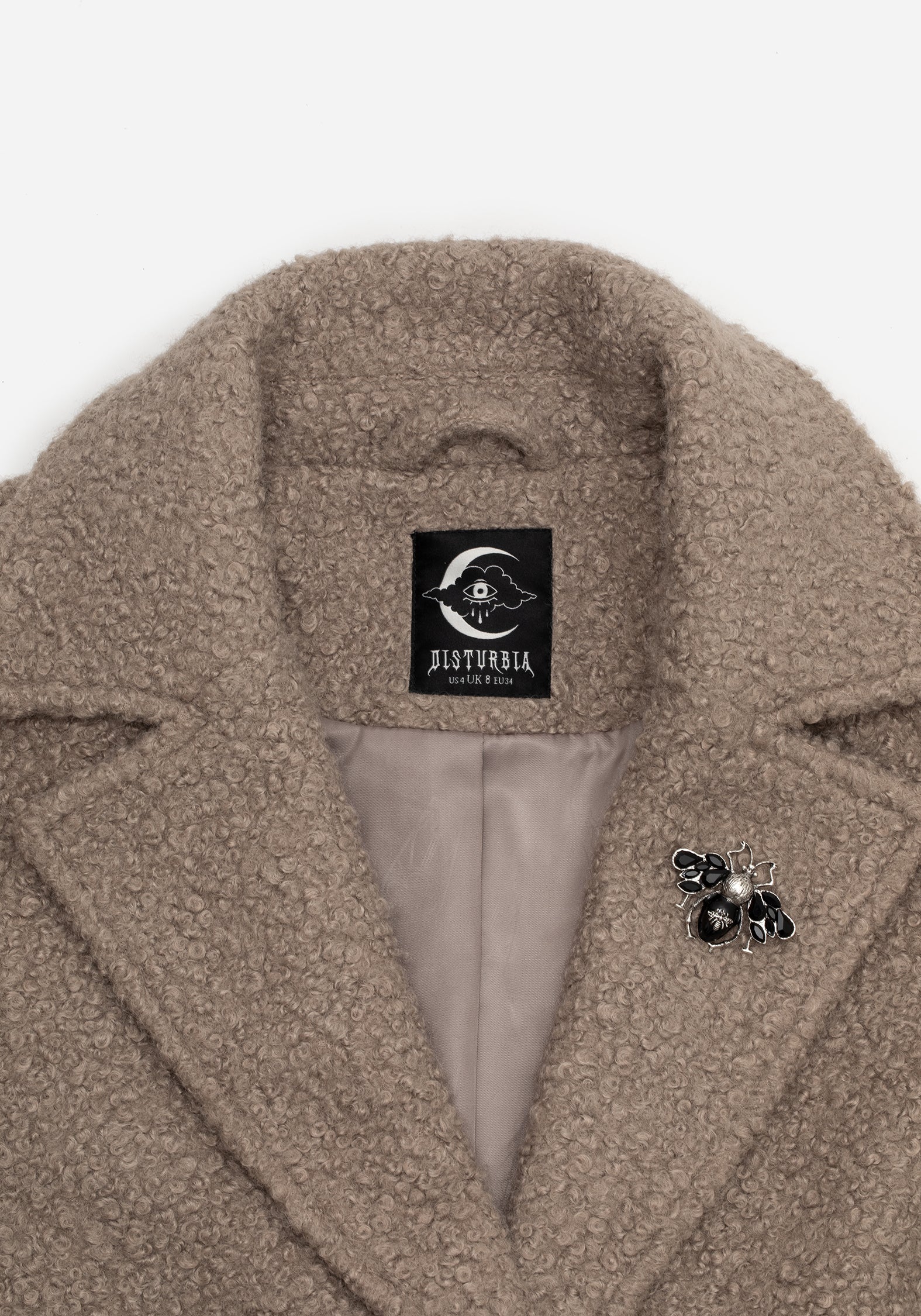 Gorgon Bouclé Longline Oversized Coat with Bee Brooch - Taupe - Image 9