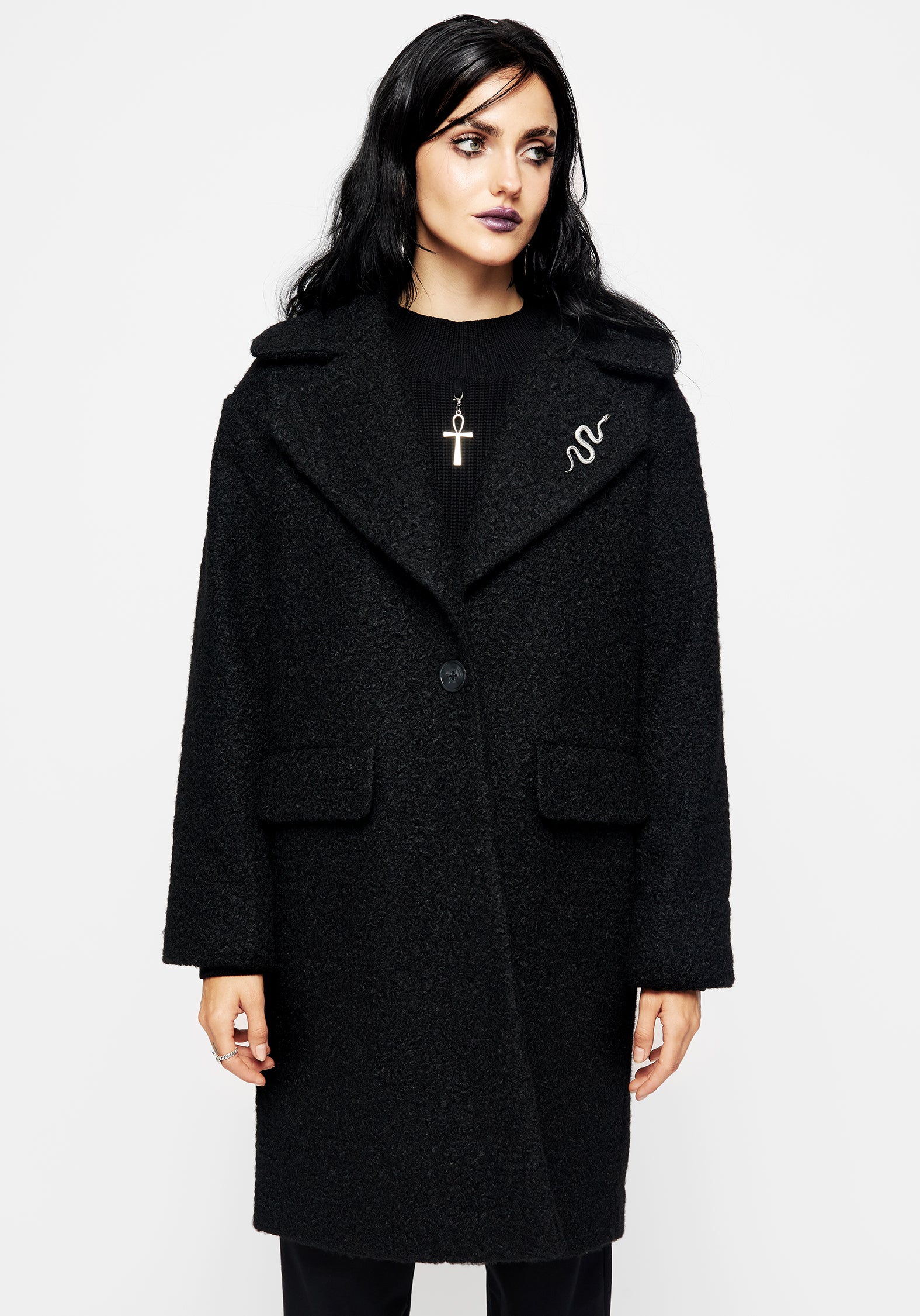 Gorgon Bouclé Oversized Coat with Snake Brooch - Black - Image 4