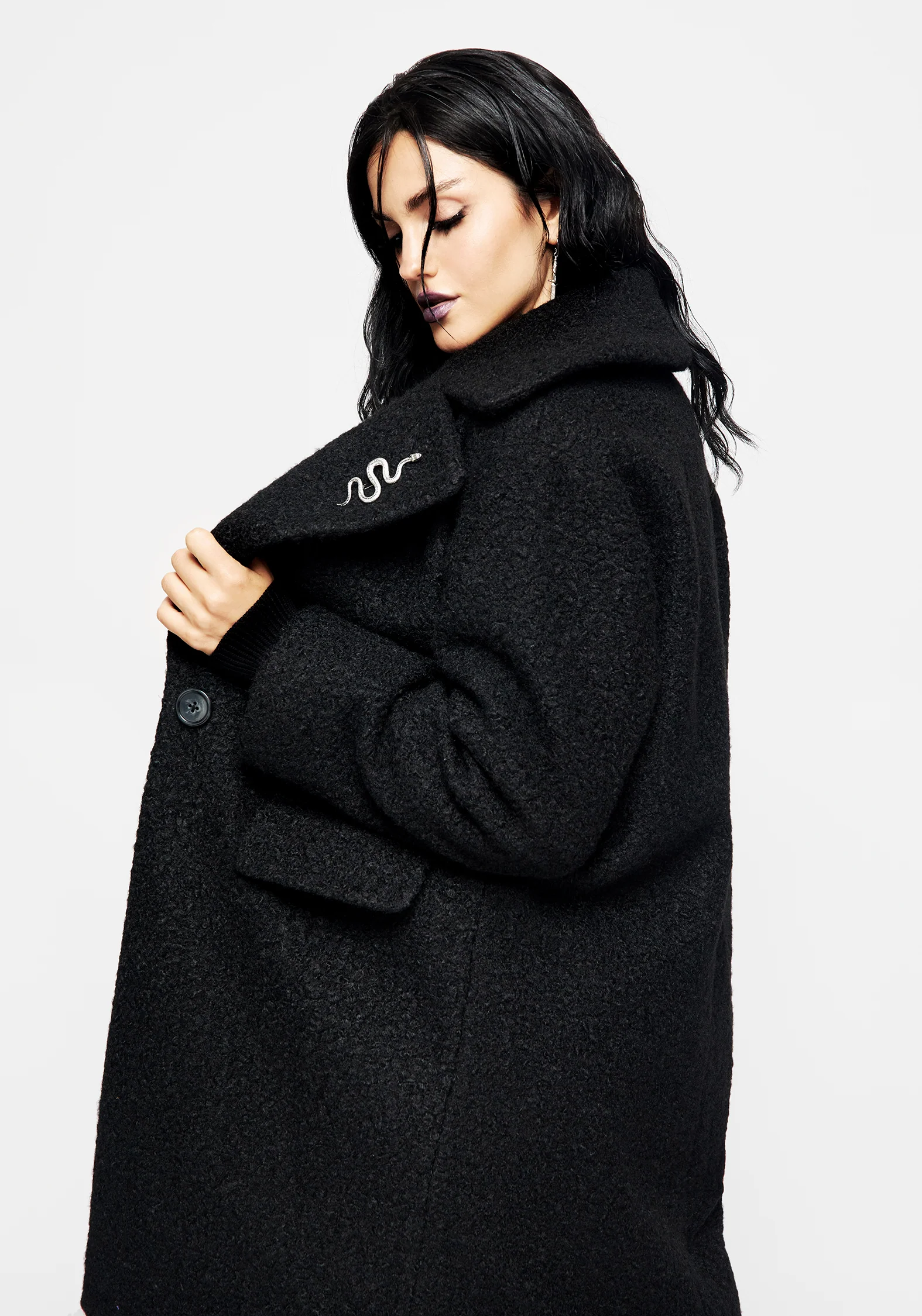 Gorgon Bouclé Oversized Coat with Snake Brooch - Black - Image 6