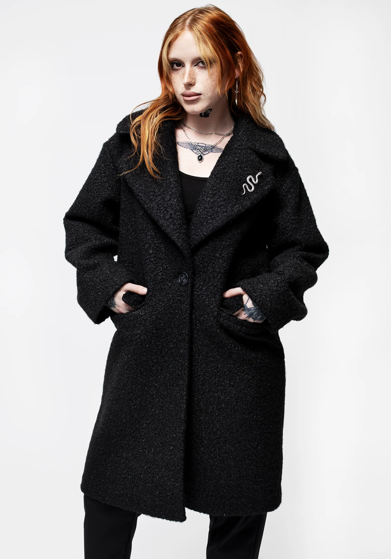 Gorgon Bouclé Oversized Coat with Snake Brooch - Black - Image 7