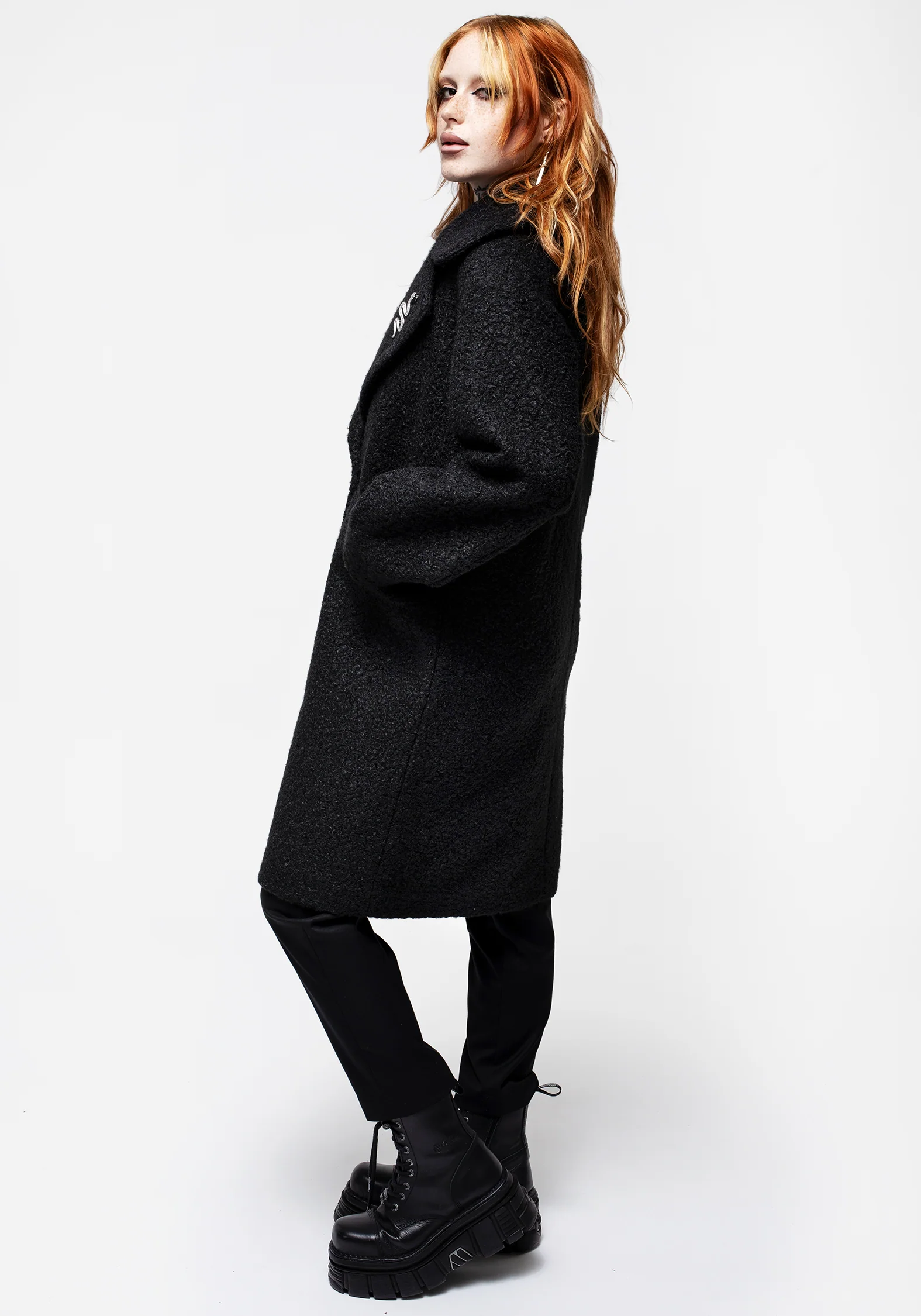 Gorgon Bouclé Oversized Coat with Snake Brooch - Black - Image 8