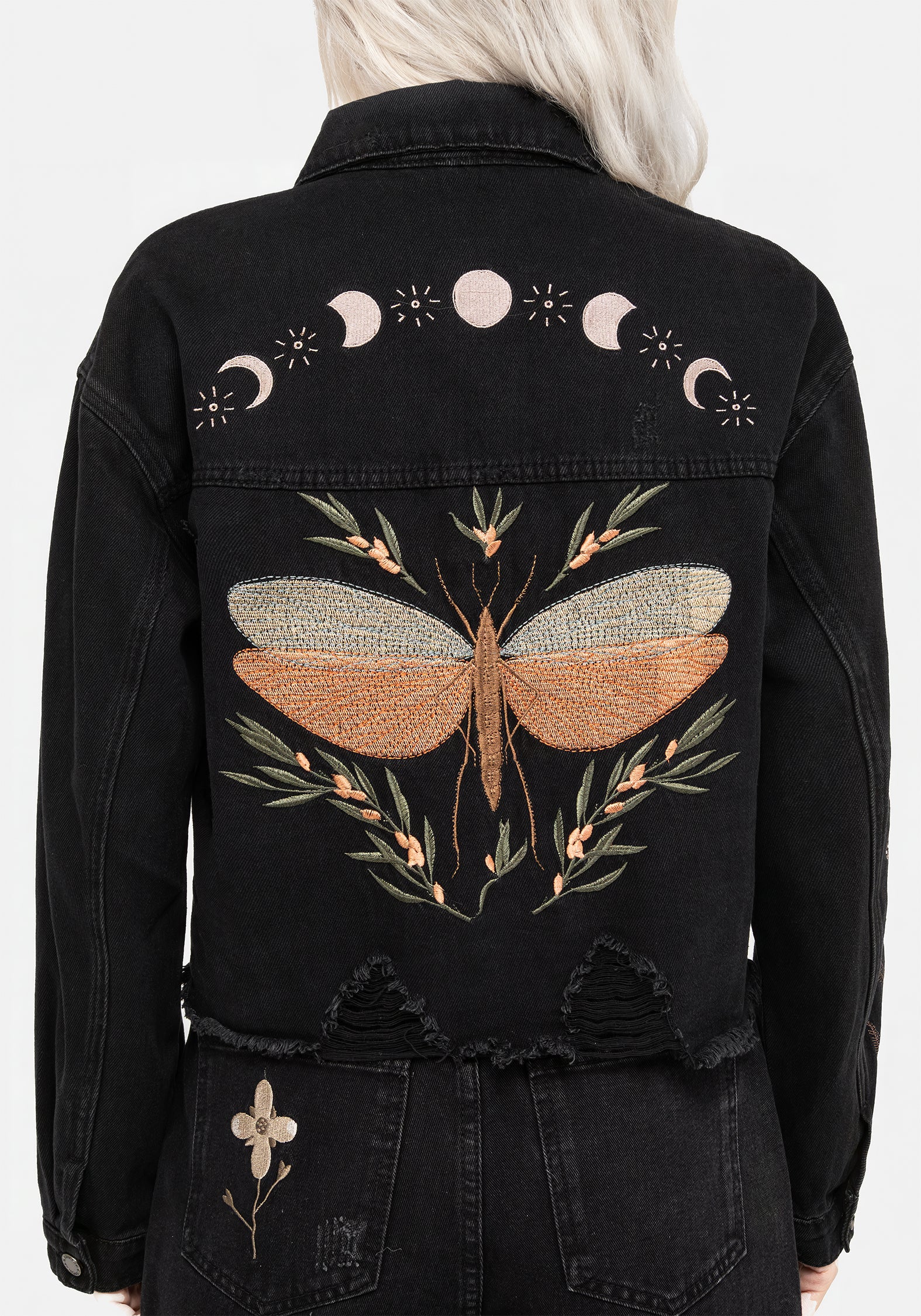 Griffinfly Embroidered Distressed Denim Jacket - Image 3