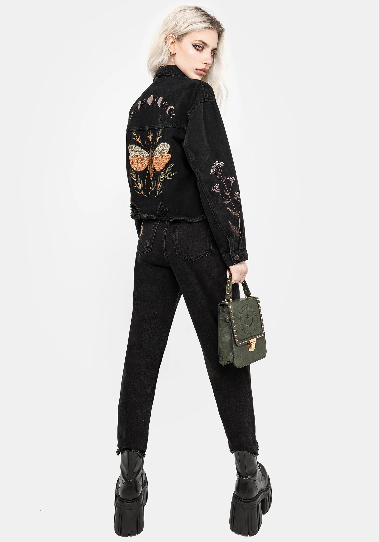 Griffinfly Embroidered Distressed Denim Jacket - Image 9
