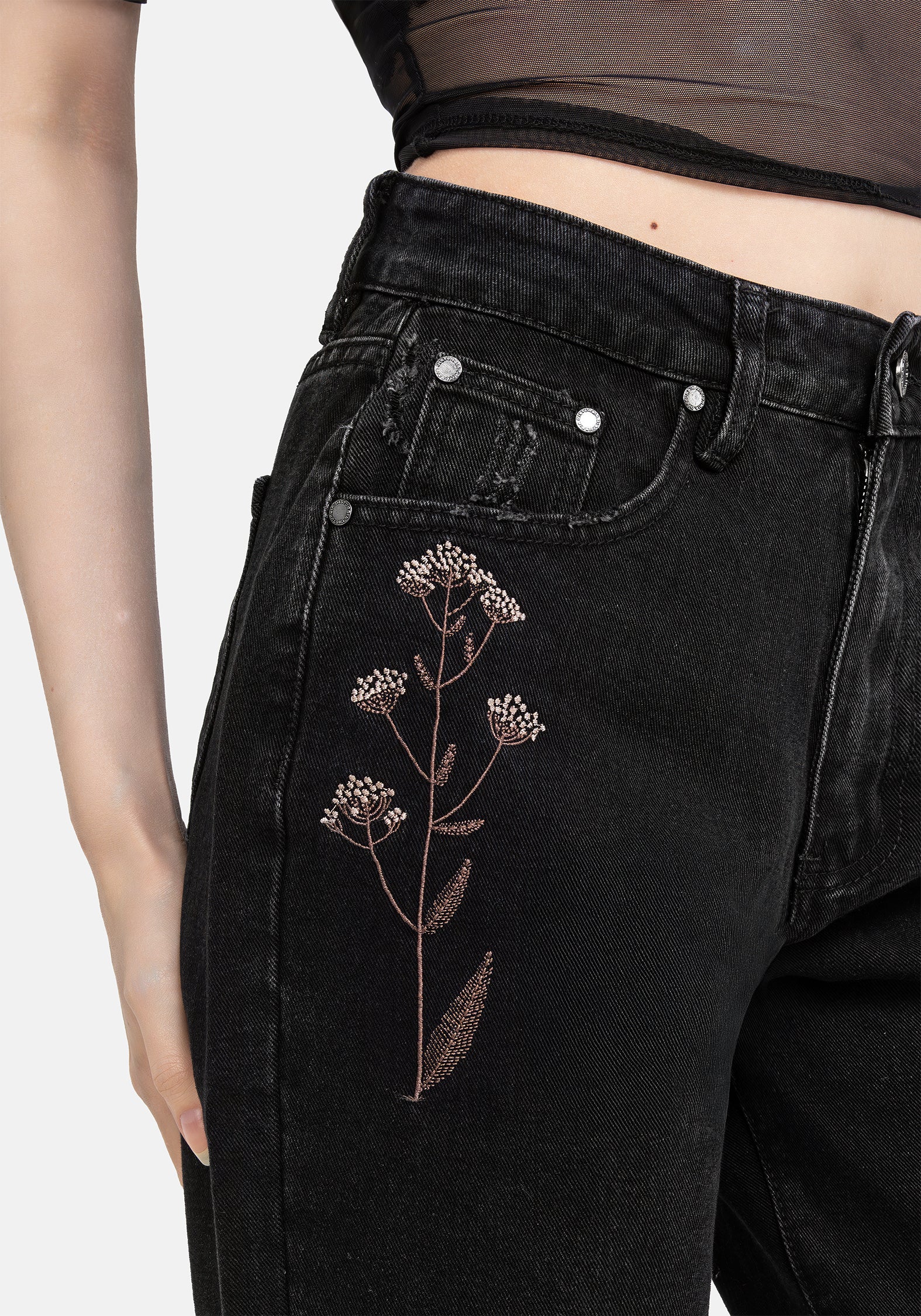 Griffinfly Embroidered Distressed Denim Mom Jeans - Image 3